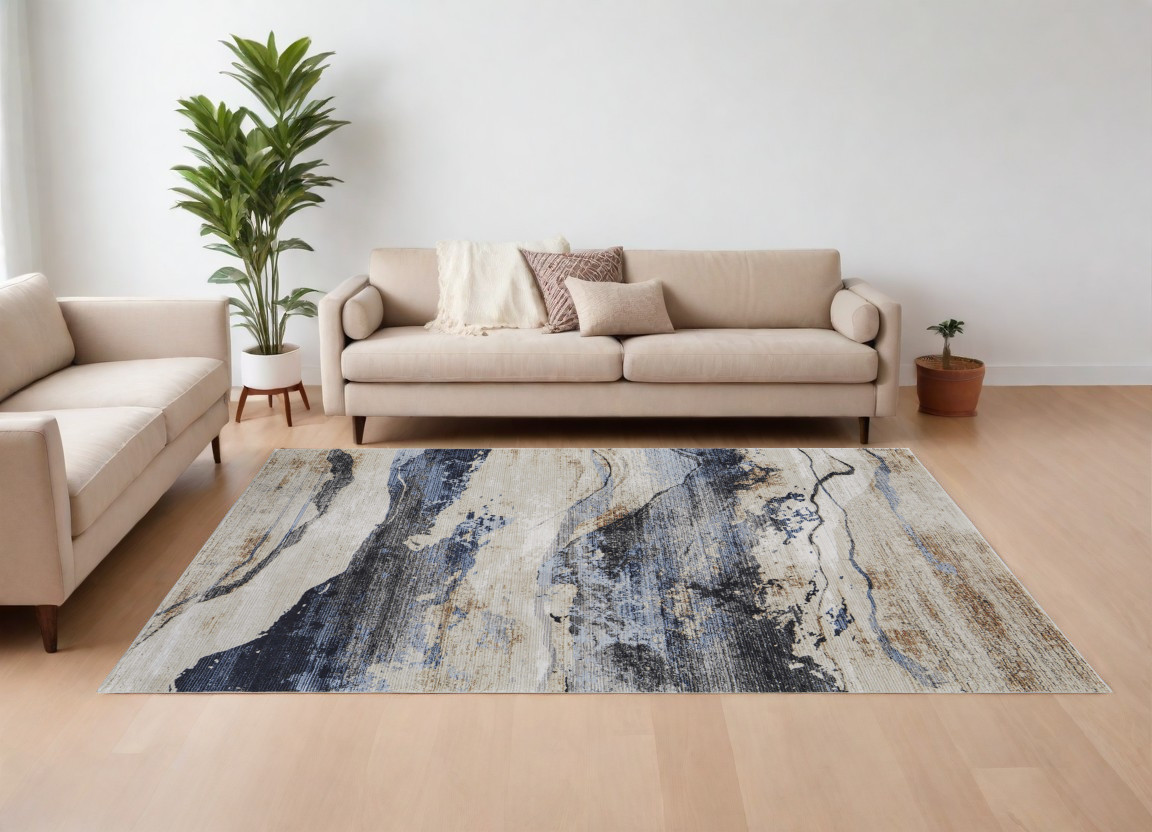 7" X 10" Blue Gray and Tan Abstract Power Loom Area Rug