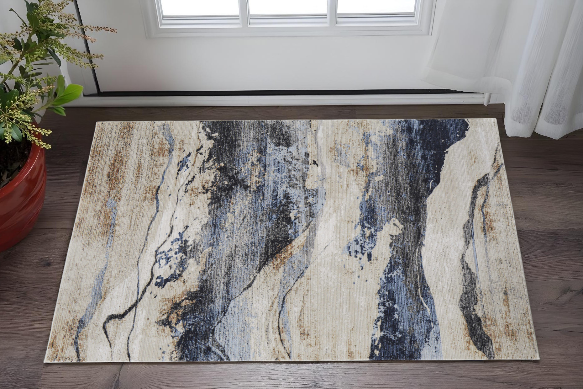 2" X 3" Blue Gray and Tan Abstract Power Loom Area Rug