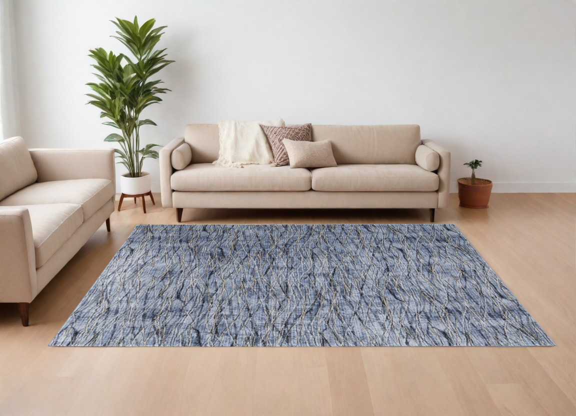 8" X 10" Blue Ivory and Tan Abstract Power Loom Area Rug