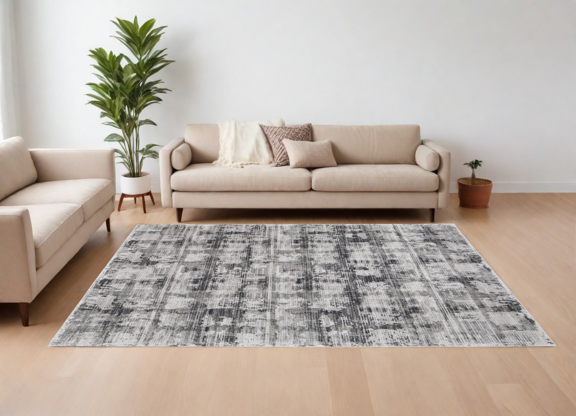 8" X 10" Gray and Ivory Abstract Power Loom Area Rug