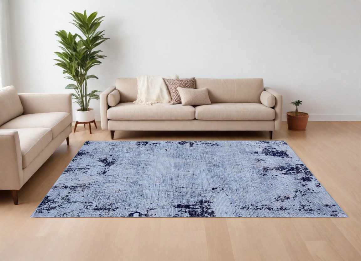8" X 10" Light Blue and Black Abstract Power Loom Area Rug