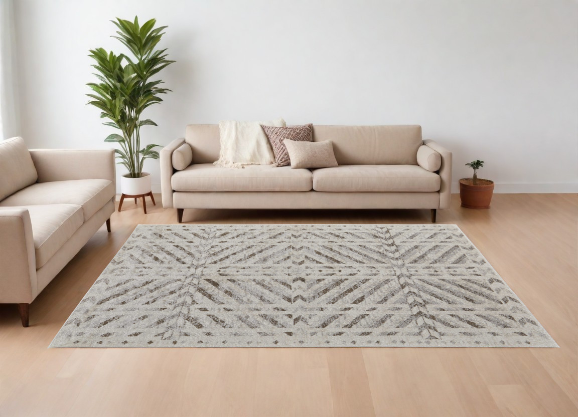 7" X 10" Ivory and Brown Geometric Power Loom Area Rug