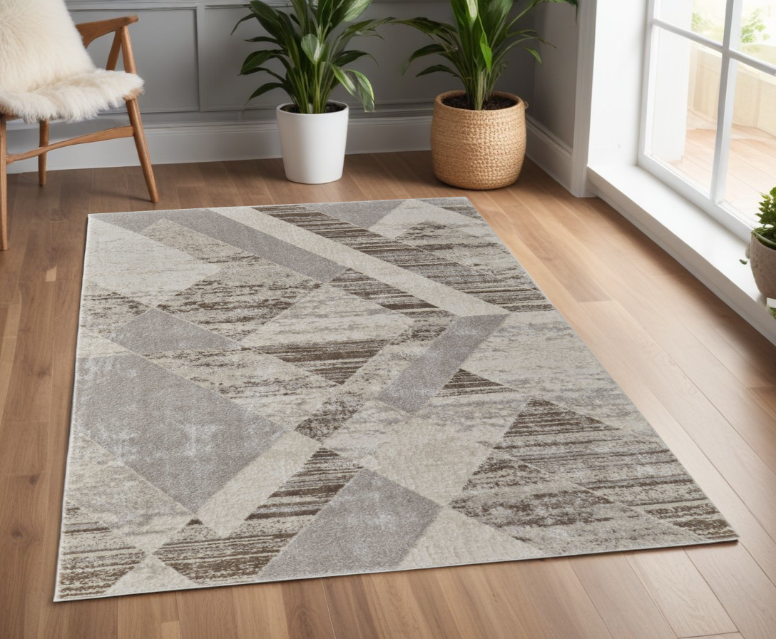 4" X 6" Ivory Gray and Brown Geometric Power Loom Area Rug