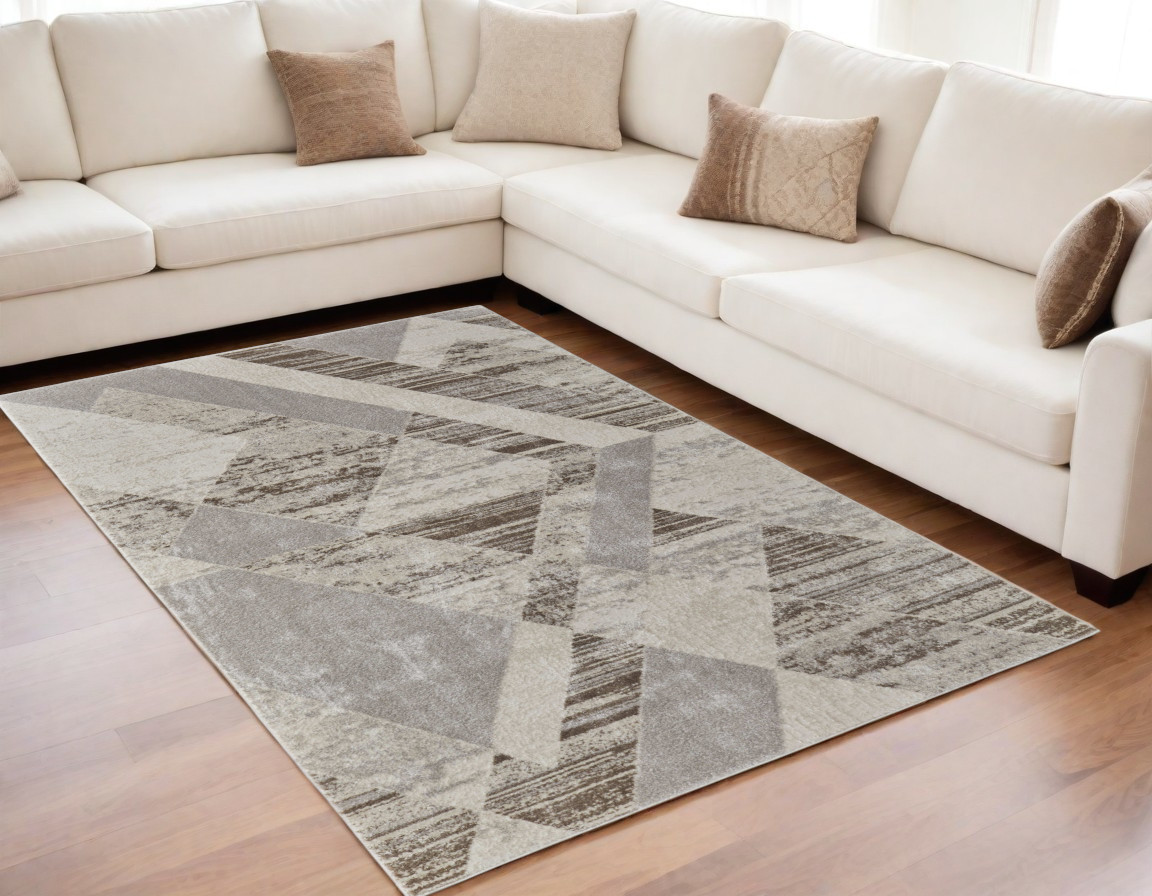 5" X 8" Ivory Gray and Brown Geometric Power Loom Area Rug