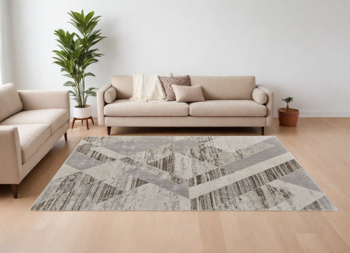 7" X 10" Ivory Gray and Brown Geometric Power Loom Area Rug