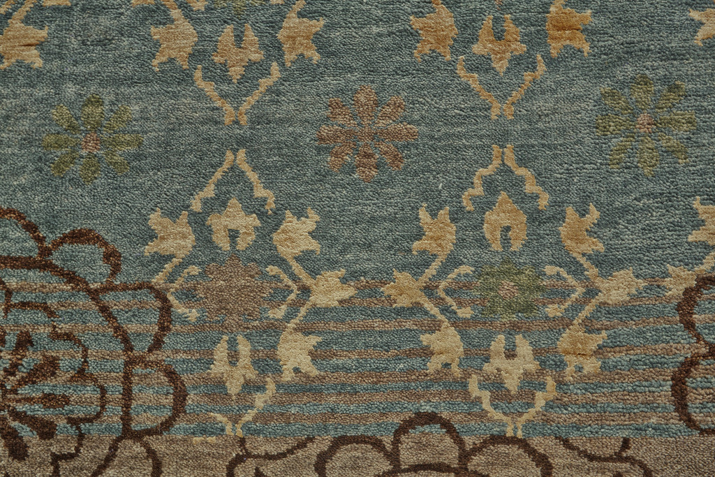 2" X 3" Blue Green and Brown Floral Hand Knotted Area Rug