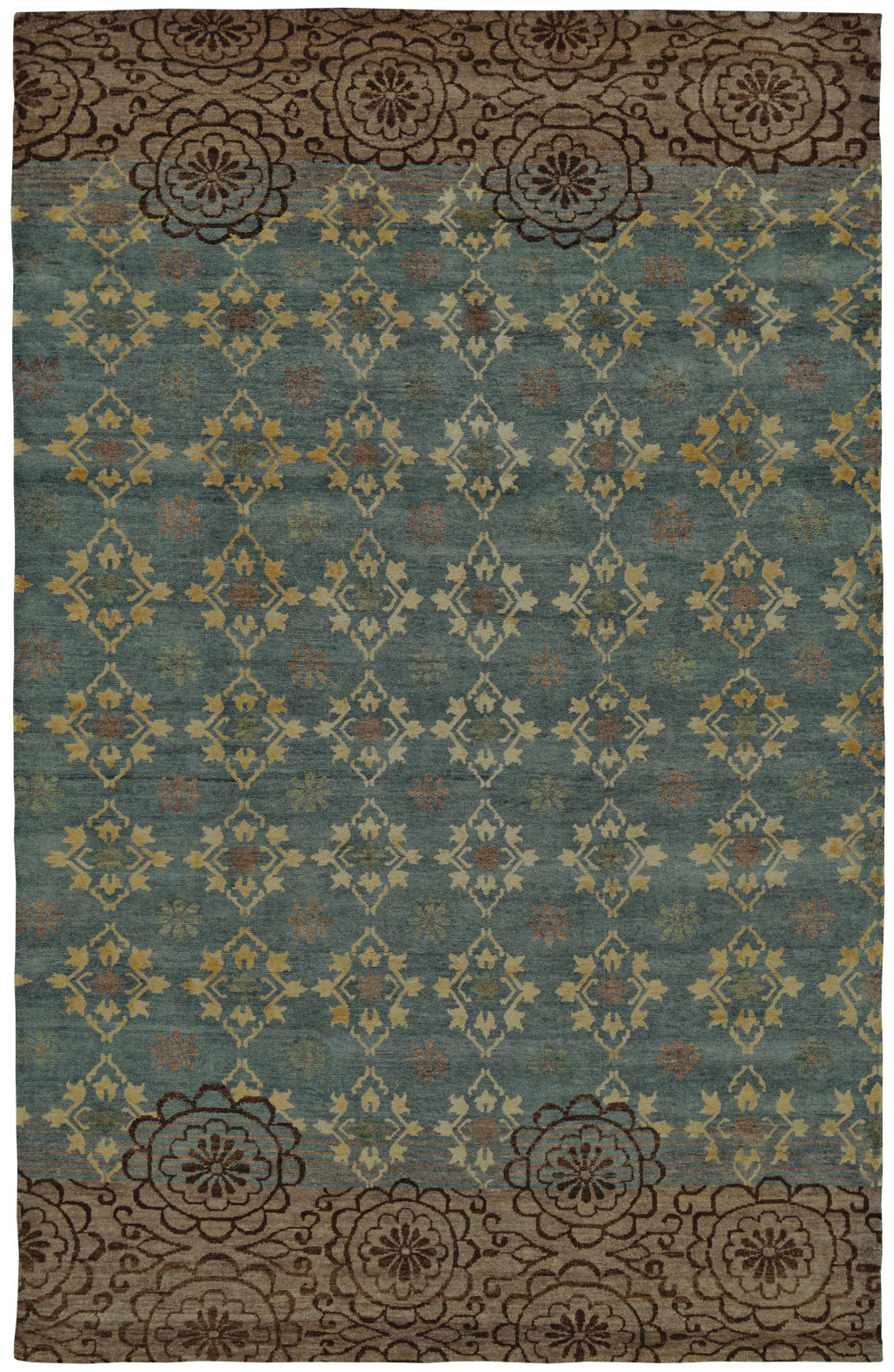 2" X 3" Blue Green and Brown Floral Hand Knotted Area Rug