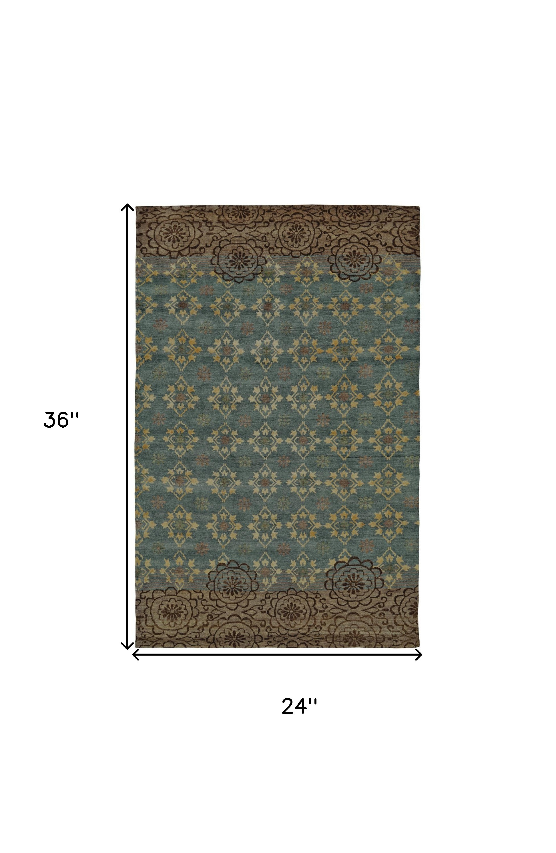 2" X 3" Blue Green and Brown Floral Hand Knotted Area Rug