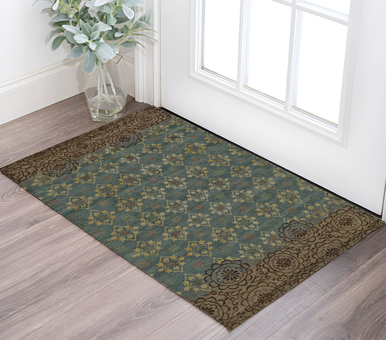 2" X 3" Blue Green and Brown Floral Hand Knotted Area Rug