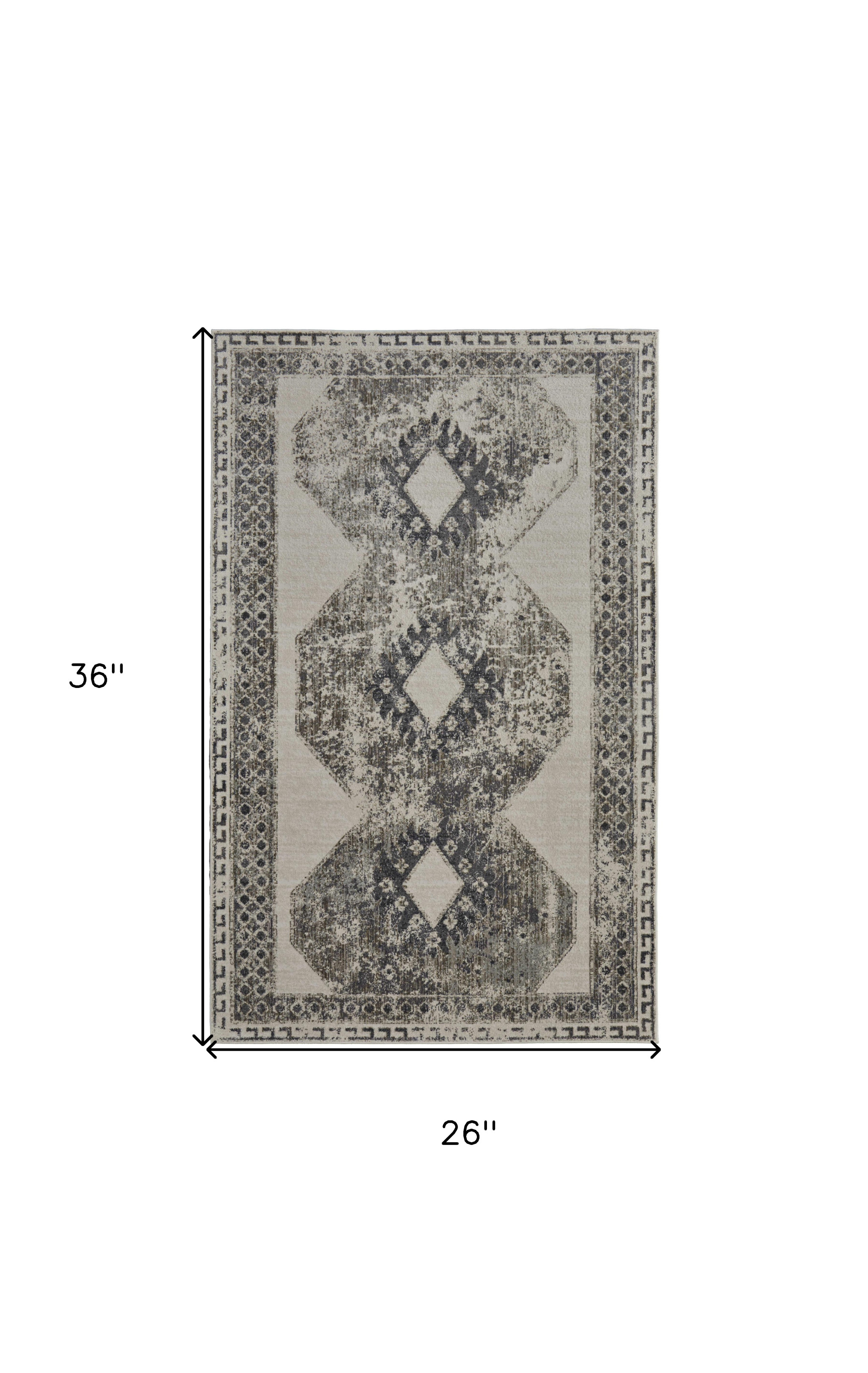 2" X 3" Gray Ivory and Taupe Abstract Power Loom Worn Faded Area Rug
