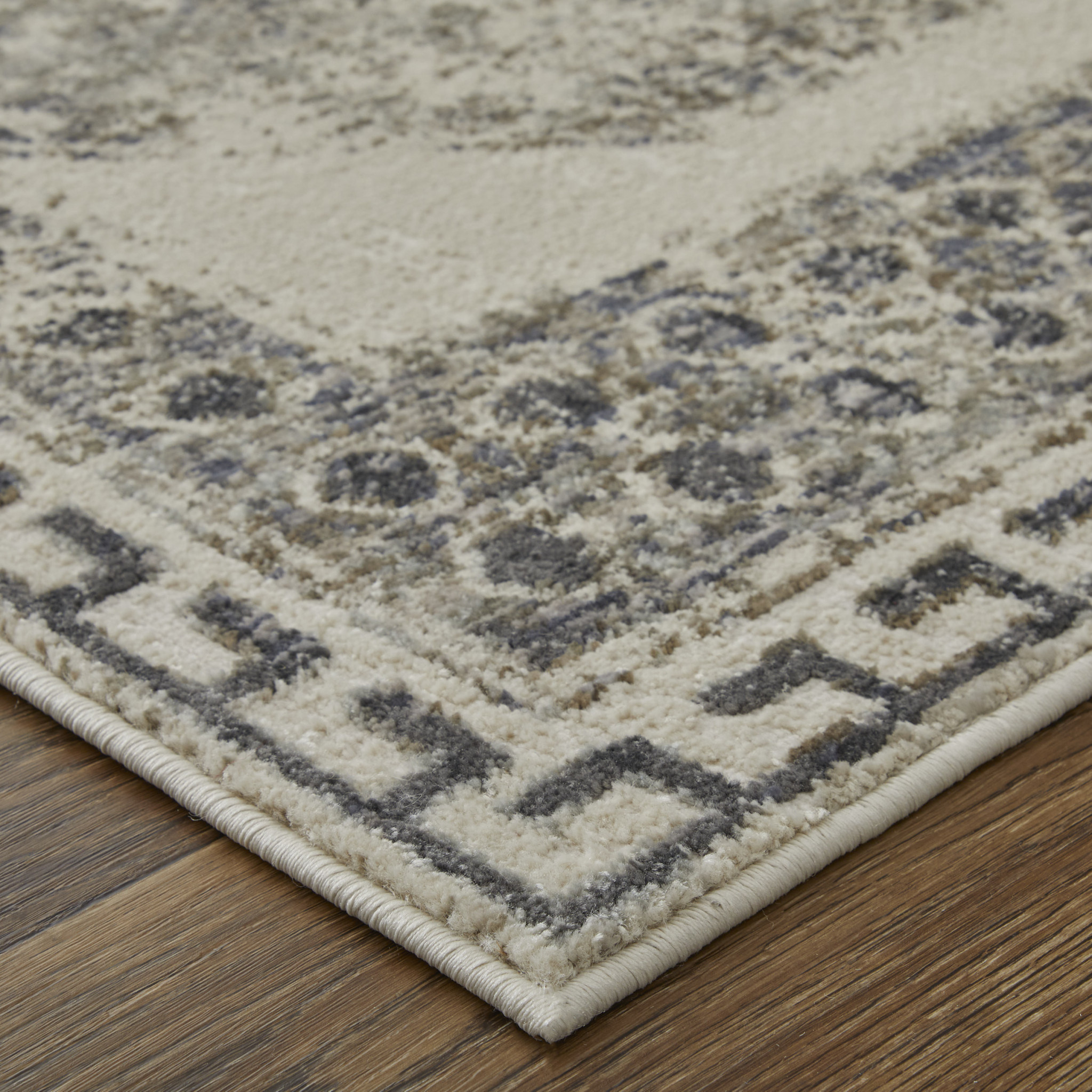 2" X 3" Gray Ivory and Taupe Abstract Power Loom Worn Faded Area Rug