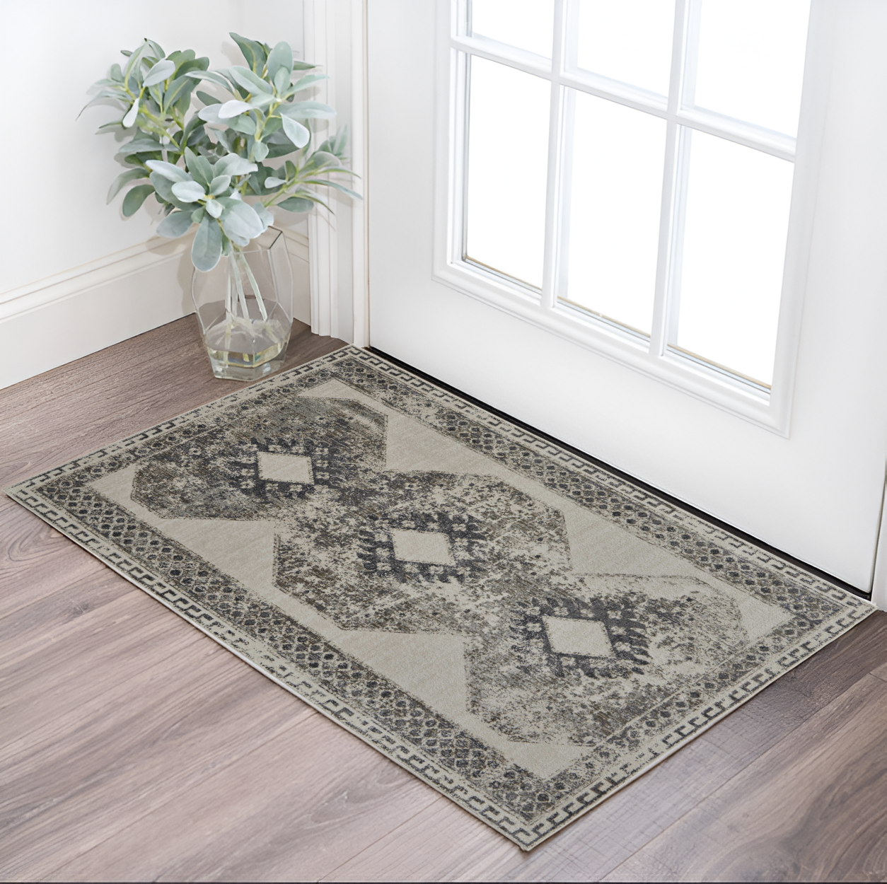 2" X 3" Gray Ivory and Taupe Abstract Power Loom Worn Faded Area Rug