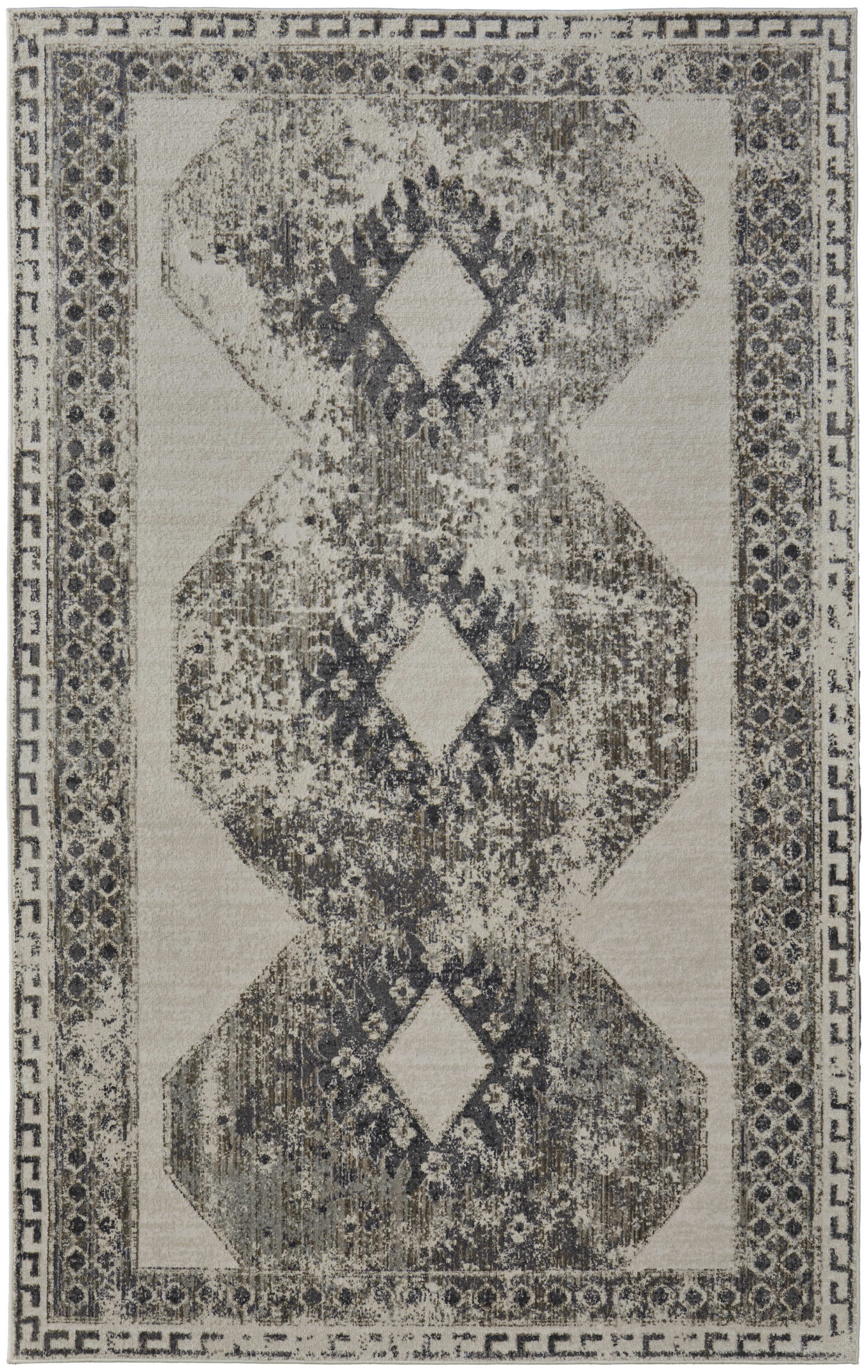 2" X 3" Gray Ivory and Taupe Abstract Power Loom Worn Faded Area Rug