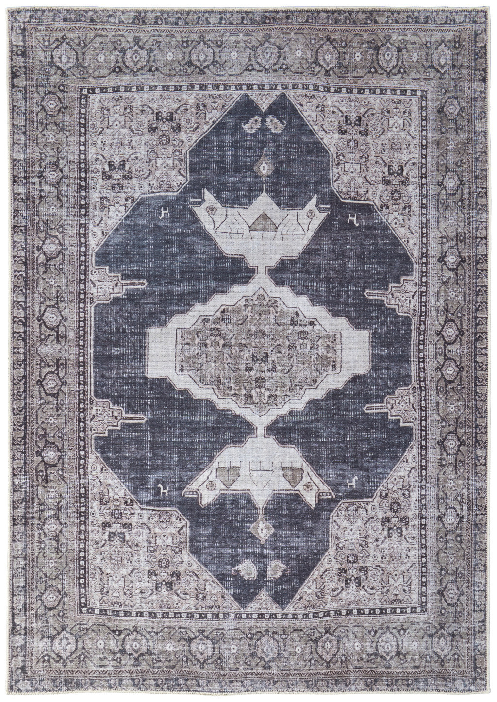 2" X 3" Gray Ivory and Taupe Oriental Power Loom Washable Area Rug