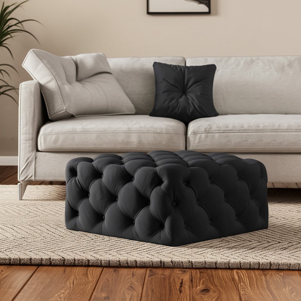 33" Black Velvet Rolling Tufted Cocktail Ottoman-568052-1