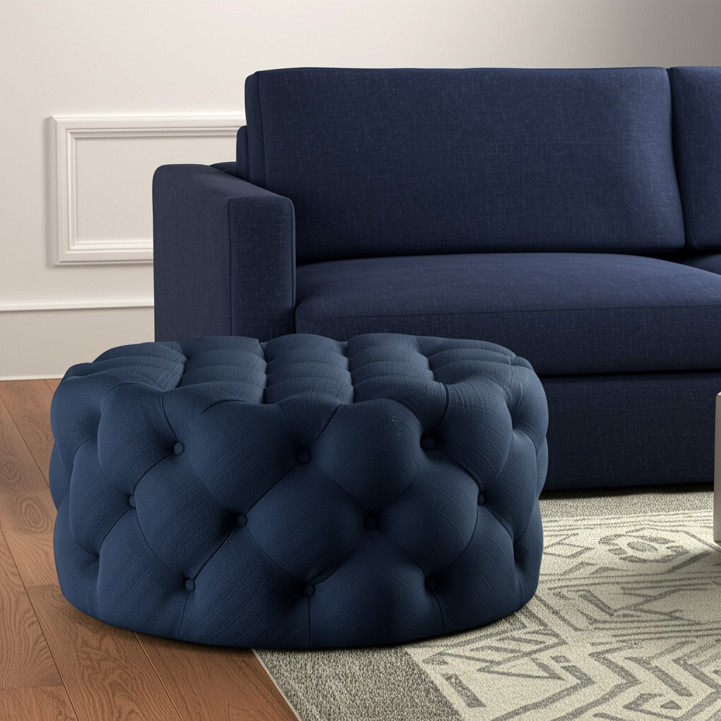 33" Navy Blue Linen Tufted Round Cocktail Ottoman-568054-1