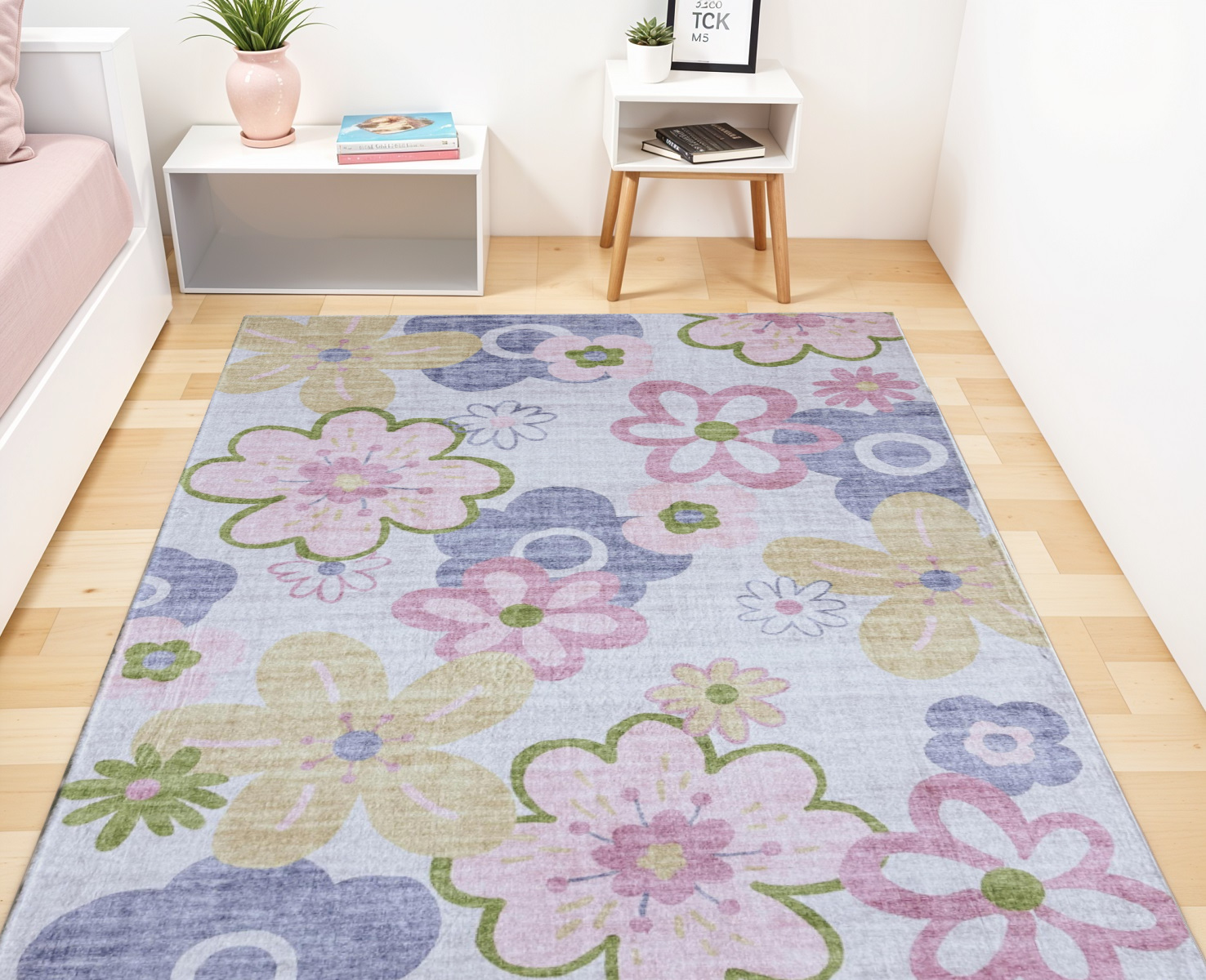 5" X 8" Pink Gray and Purple Juvenile Flowers Youthful Area Rug