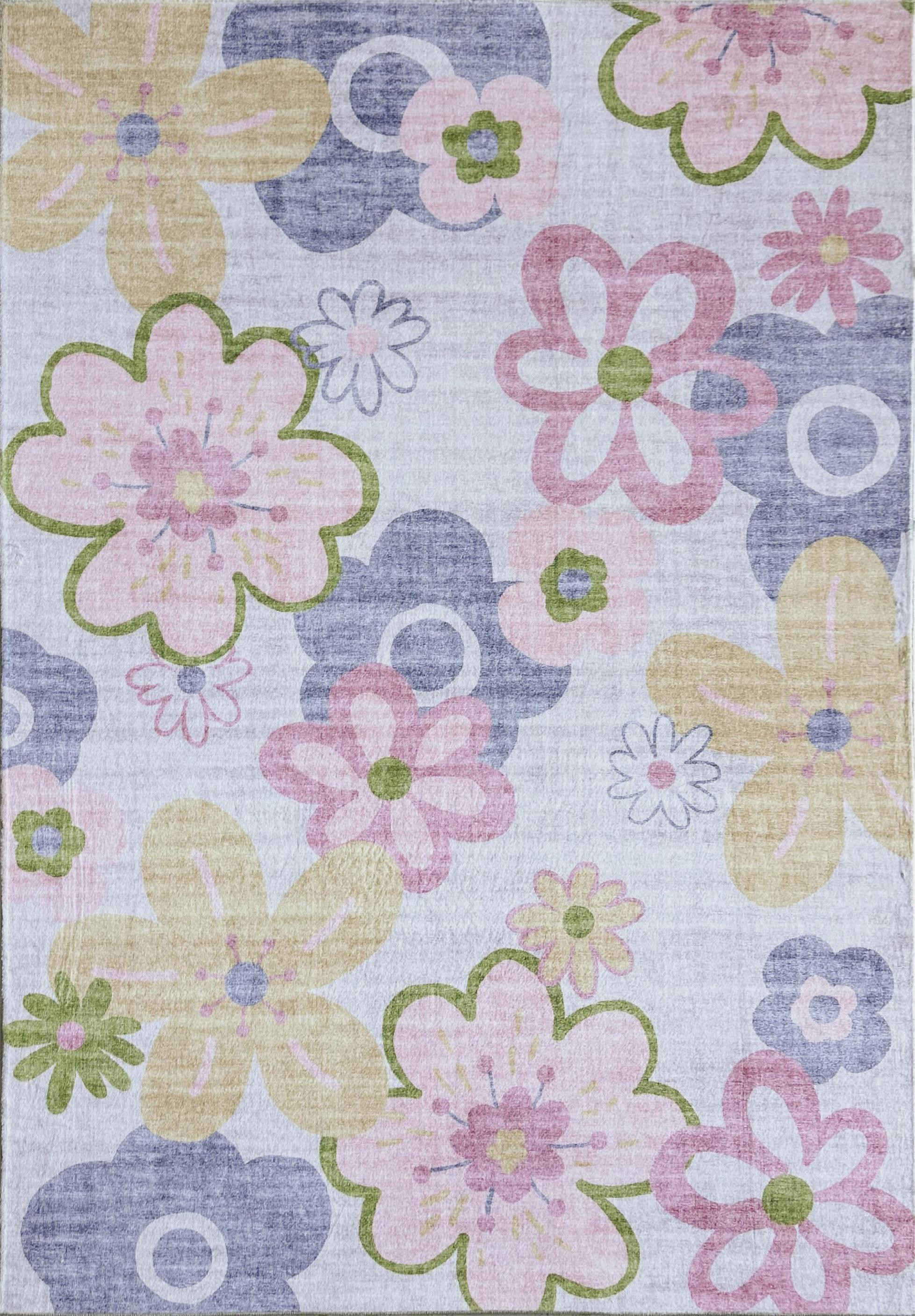 5" X 8" Pink Gray and Purple Juvenile Flowers Youthful Area Rug