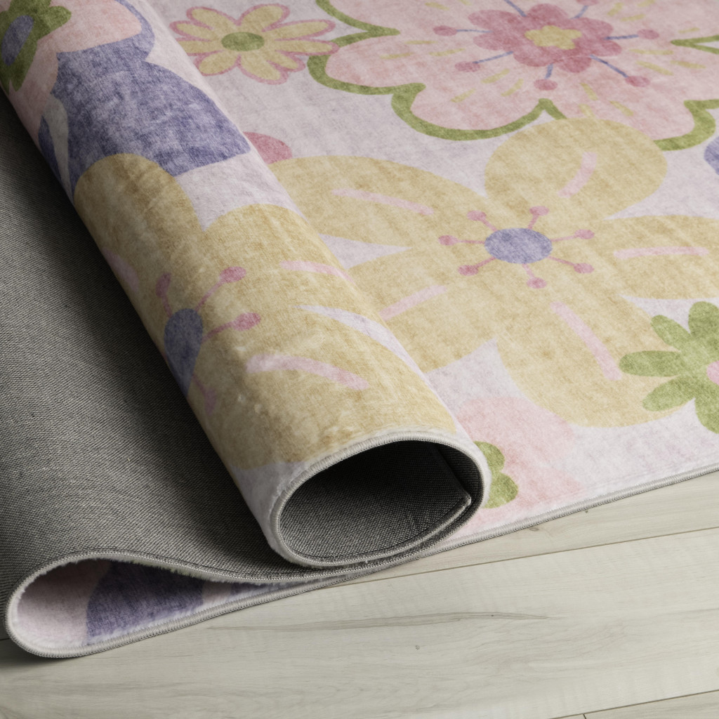 5" X 8" Pink Gray and Purple Juvenile Flowers Youthful Area Rug
