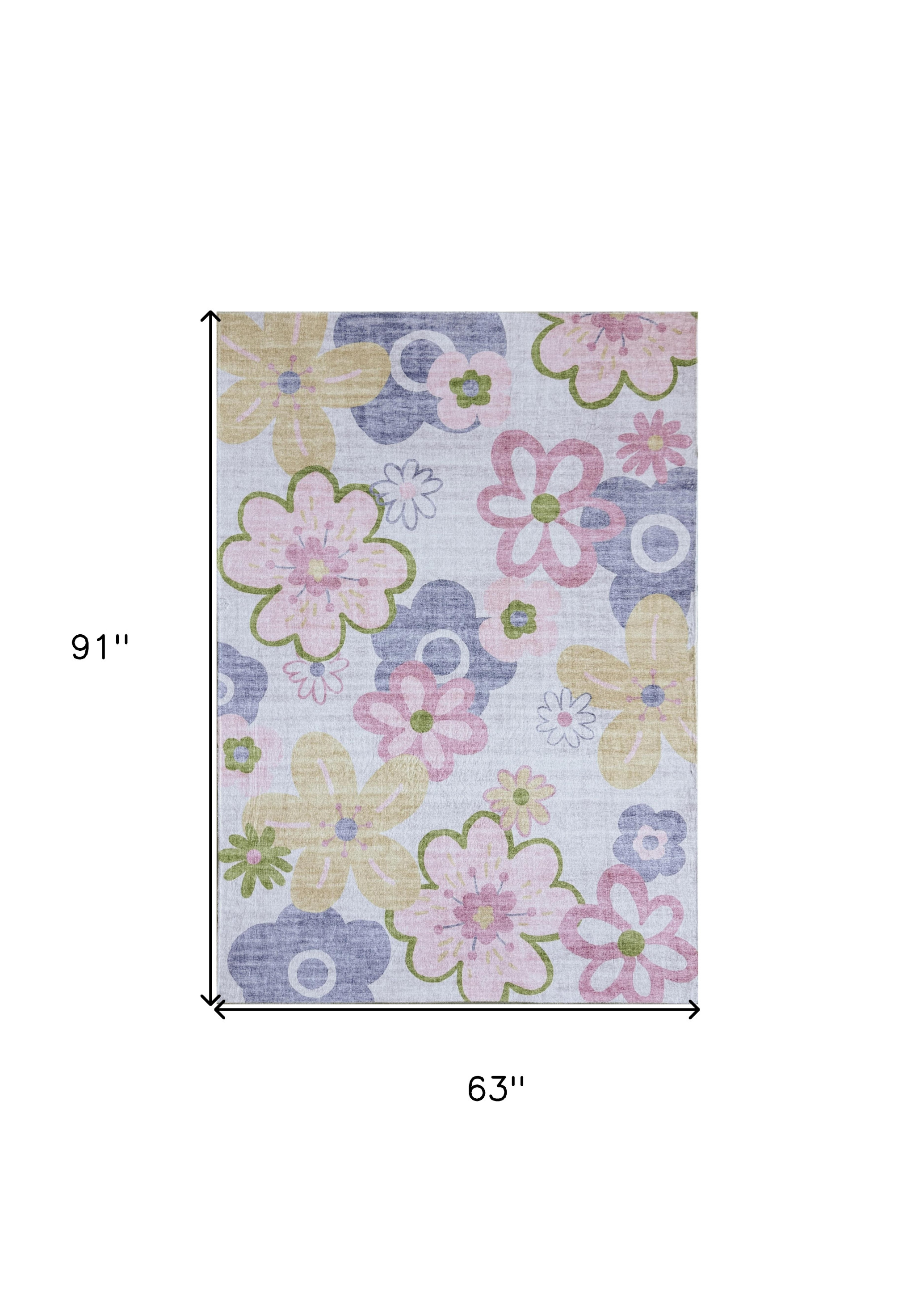5" X 8" Pink Gray and Purple Juvenile Flowers Youthful Area Rug