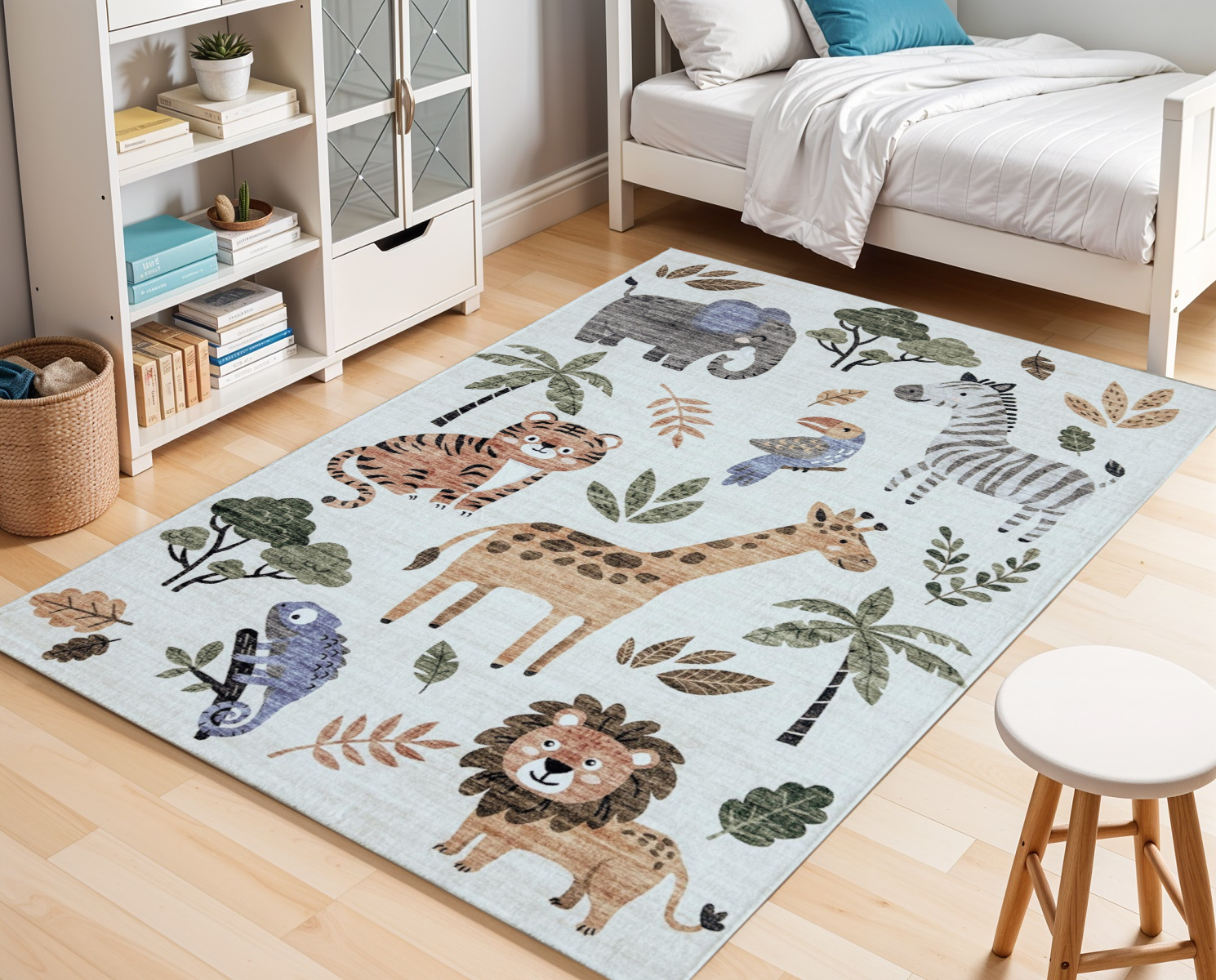 7" X 10" Gray Brown and Green Juvenile Zoo Animals Youthful Area Rug