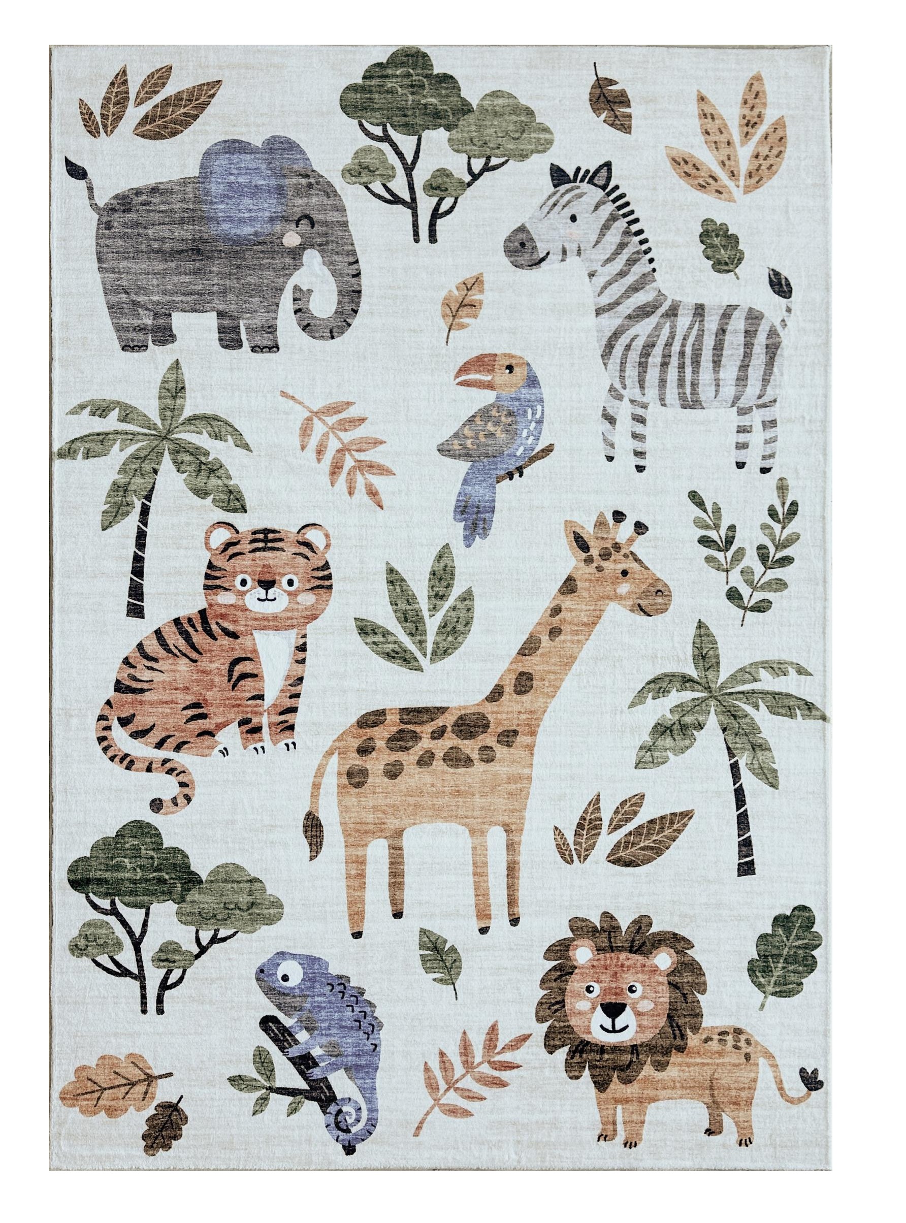 7" X 10" Gray Brown and Green Juvenile Zoo Animals Youthful Area Rug