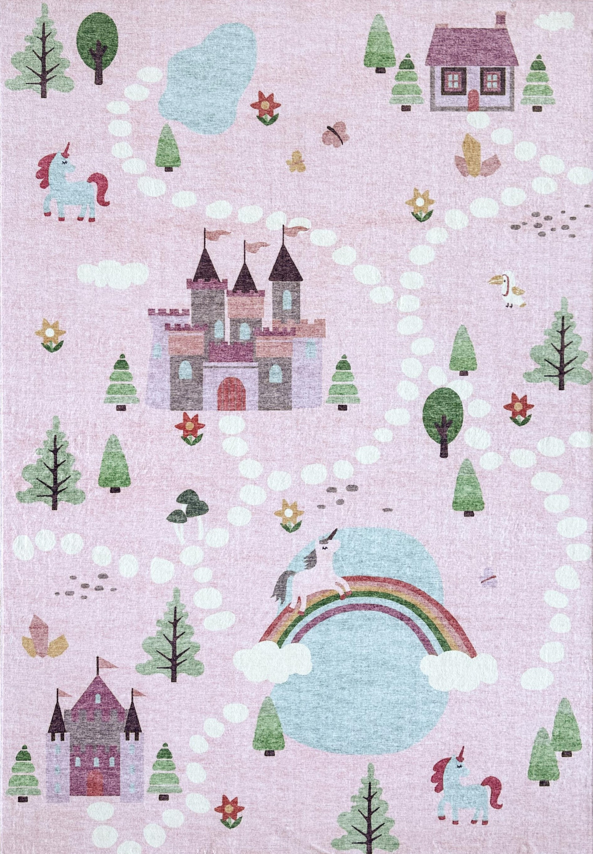 5" X 8" Pink White and Blue Juvenile Castle and Rainbow Youthful Area Rug