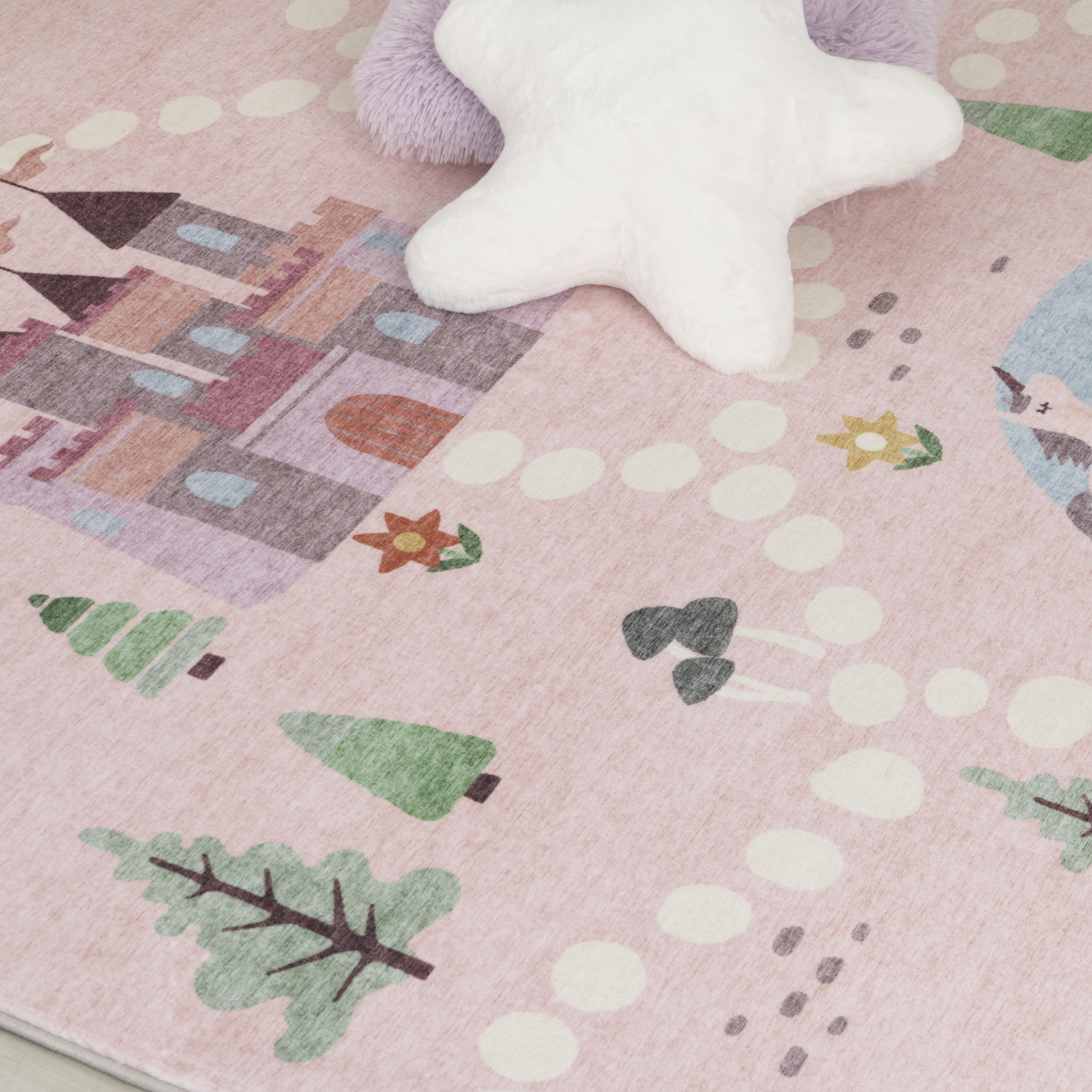 5" X 8" Pink White and Blue Juvenile Castle and Rainbow Youthful Area Rug