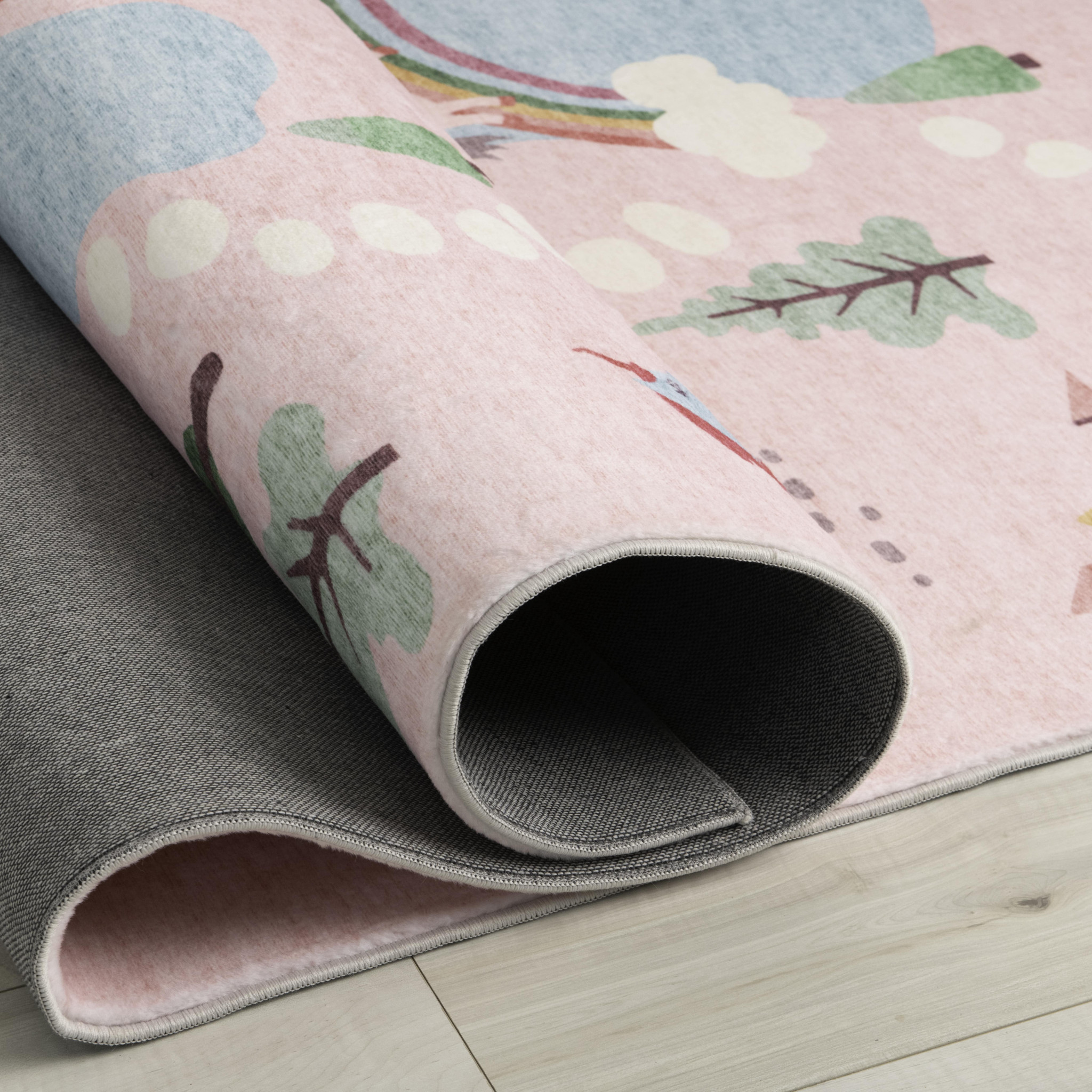 5" X 8" Pink White and Blue Juvenile Castle and Rainbow Youthful Area Rug