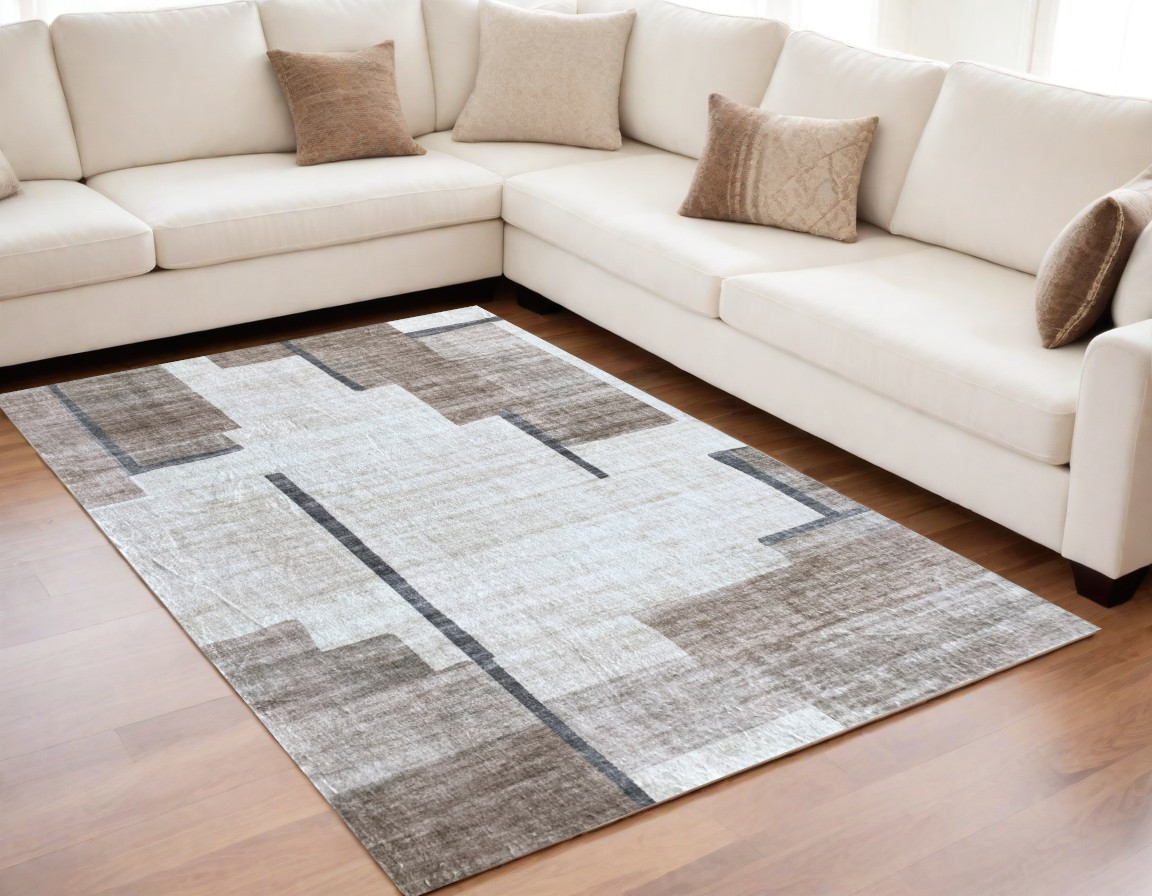 5" X 8" Beige and Brown Abstract Area Rug