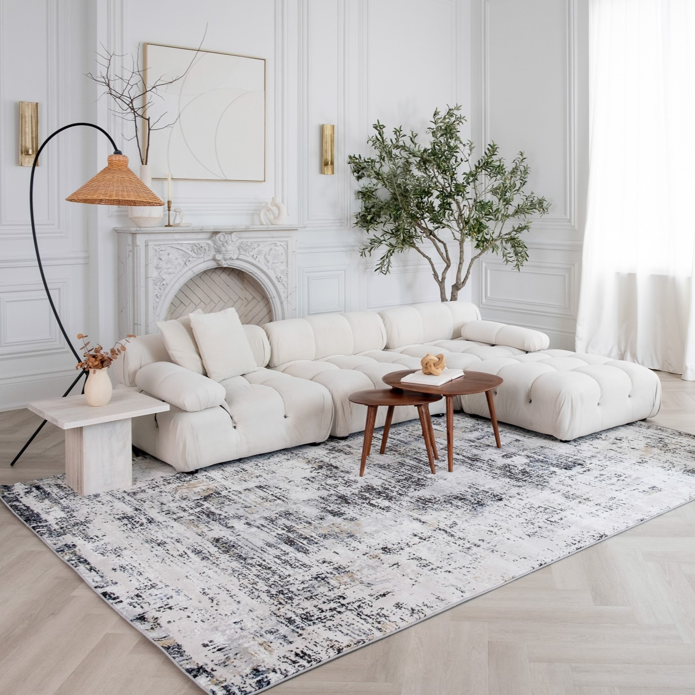 5" X 8" Beige Gray and White Abstract Area Rug