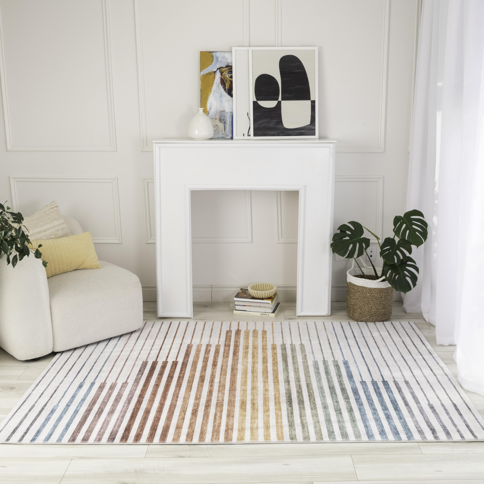 7" X 10" Beige Blue and Brown Striped Area Rug