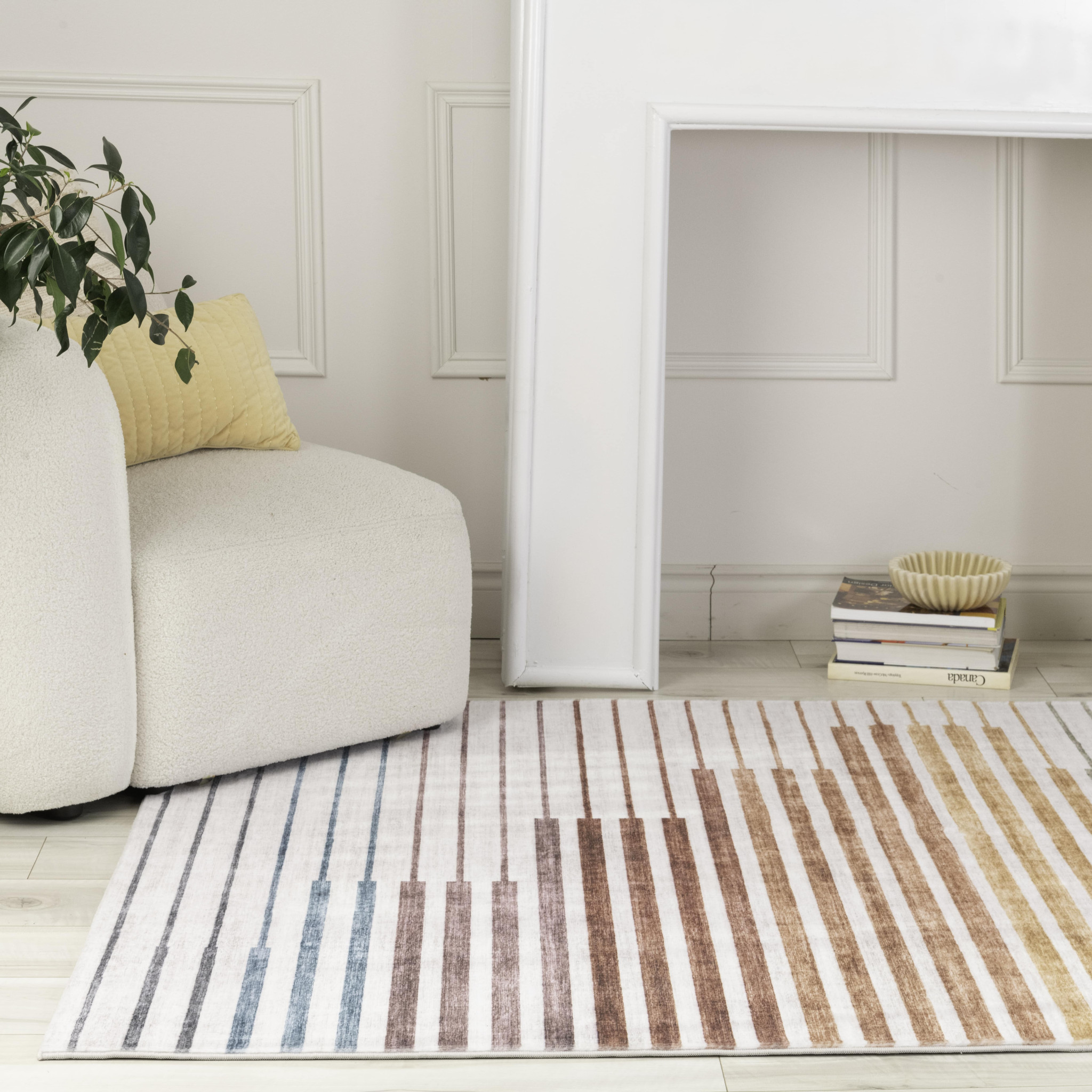 7" X 10" Beige Blue and Brown Striped Area Rug