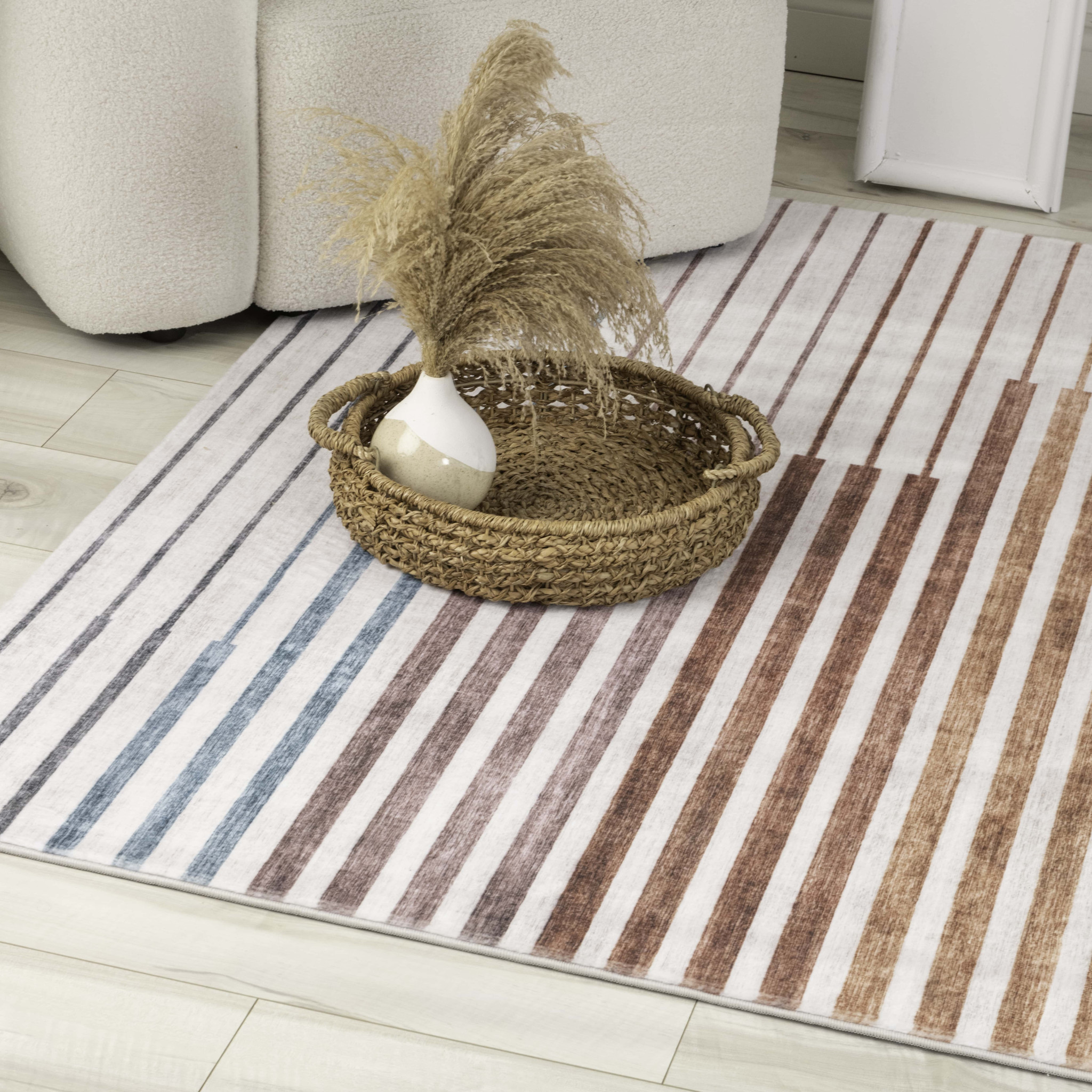 7" X 10" Beige Blue and Brown Striped Area Rug