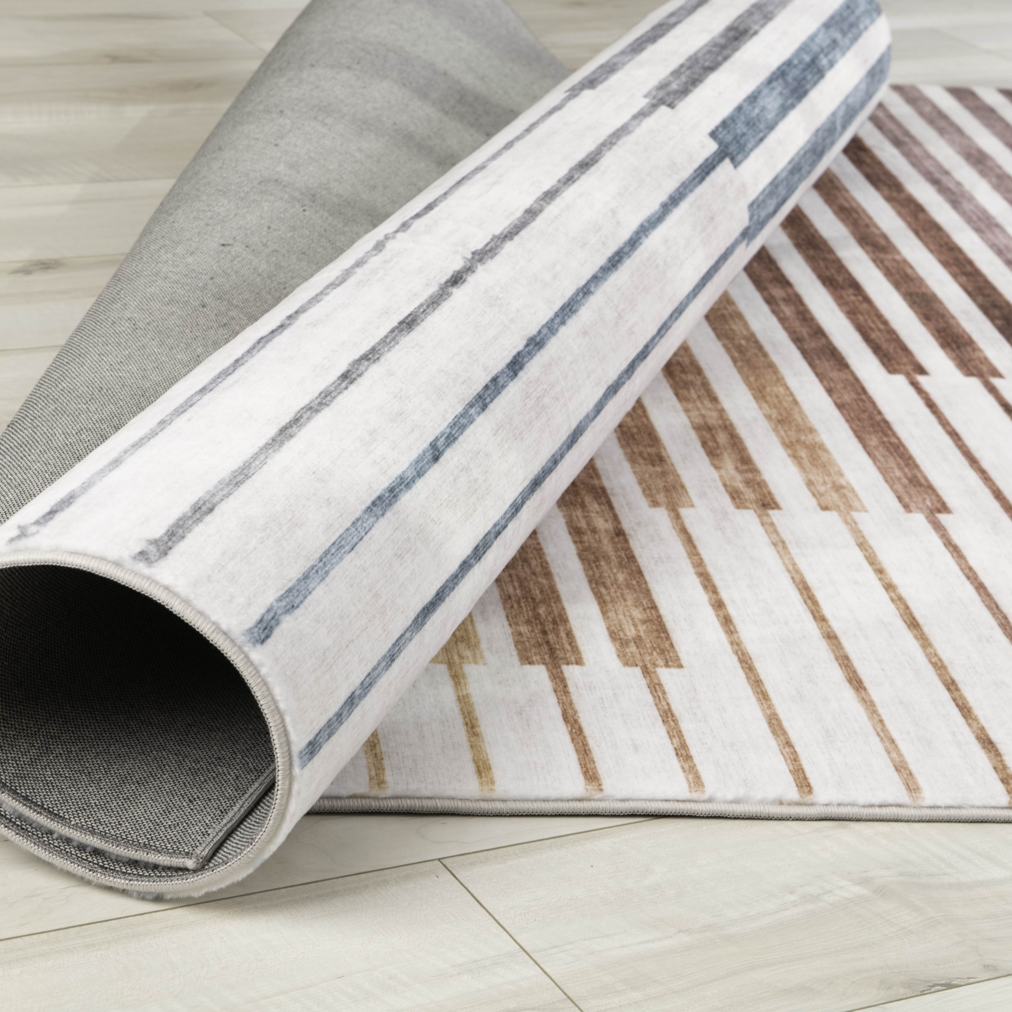 7" X 10" Beige Blue and Brown Striped Area Rug