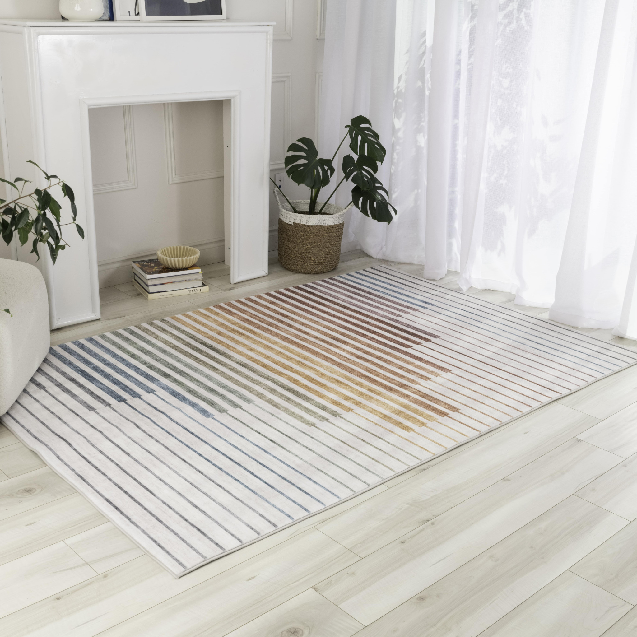 7" X 10" Beige Blue and Brown Striped Area Rug