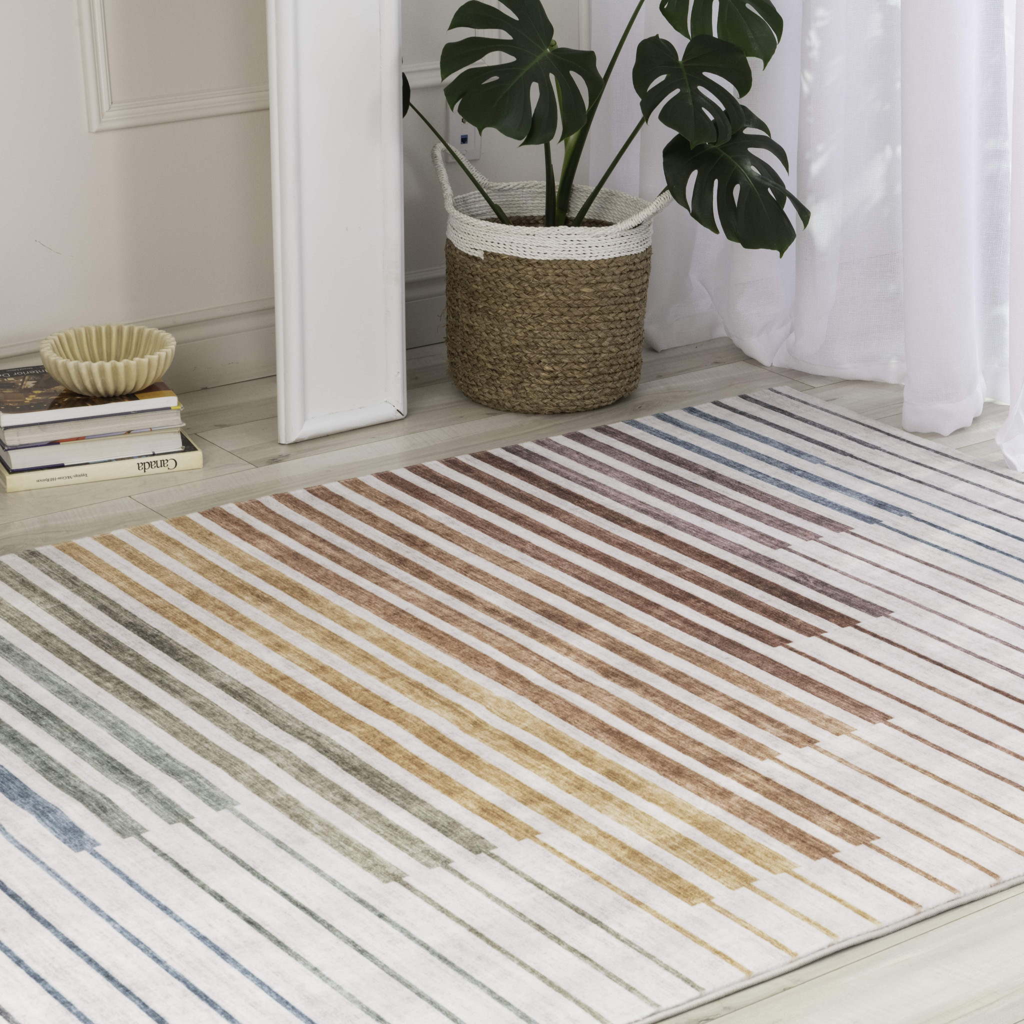 7" X 10" Beige Blue and Brown Striped Area Rug