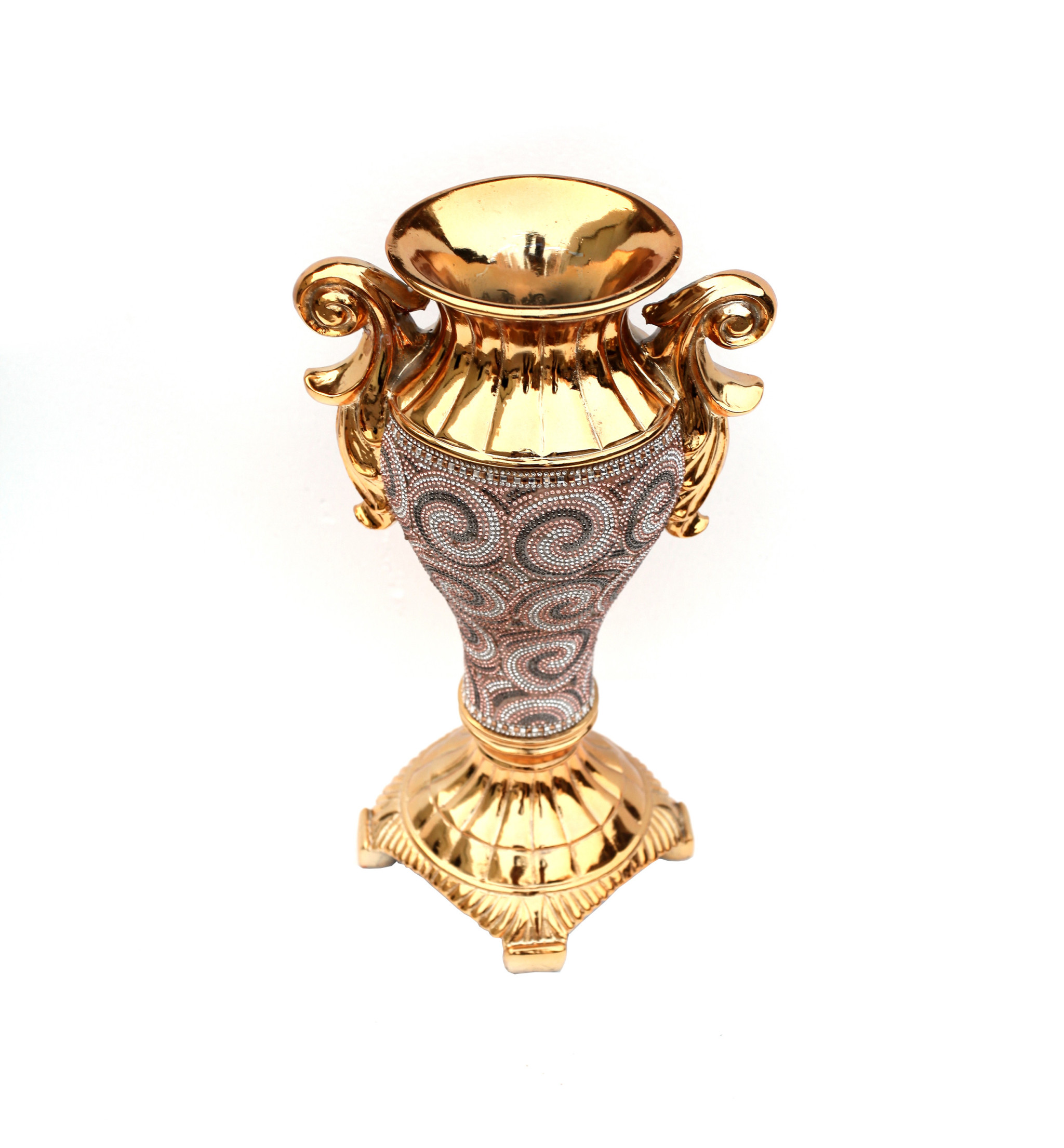 15 Inch Gold Geometric Amphora Ceramic Vase with Faux Crystal Embellishments