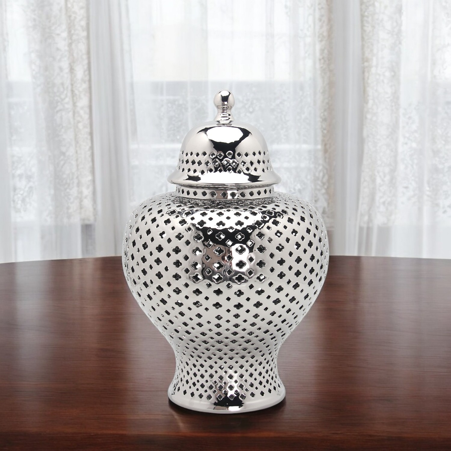 11-inch Silver Pierced Round Ceramic Jar