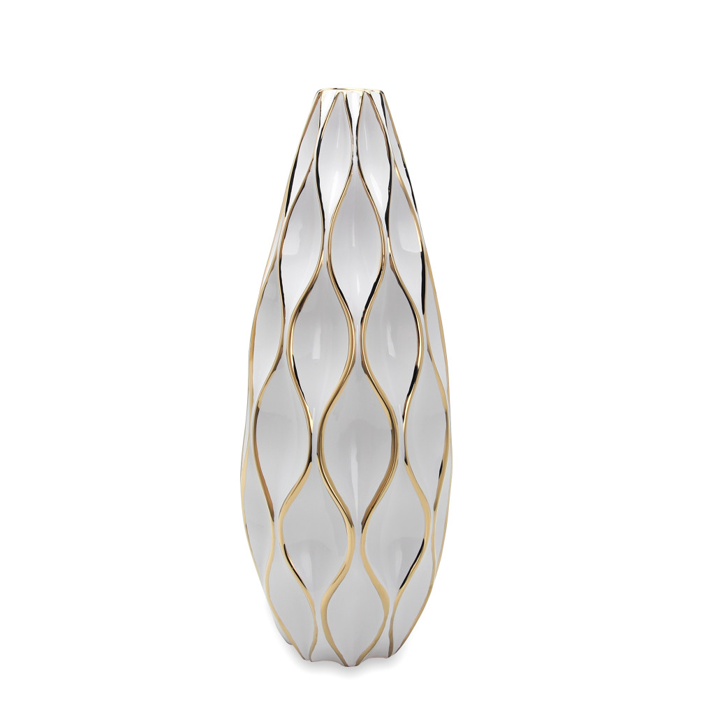 25-inch White and Gold Geometric Wavy Ceramic Vase