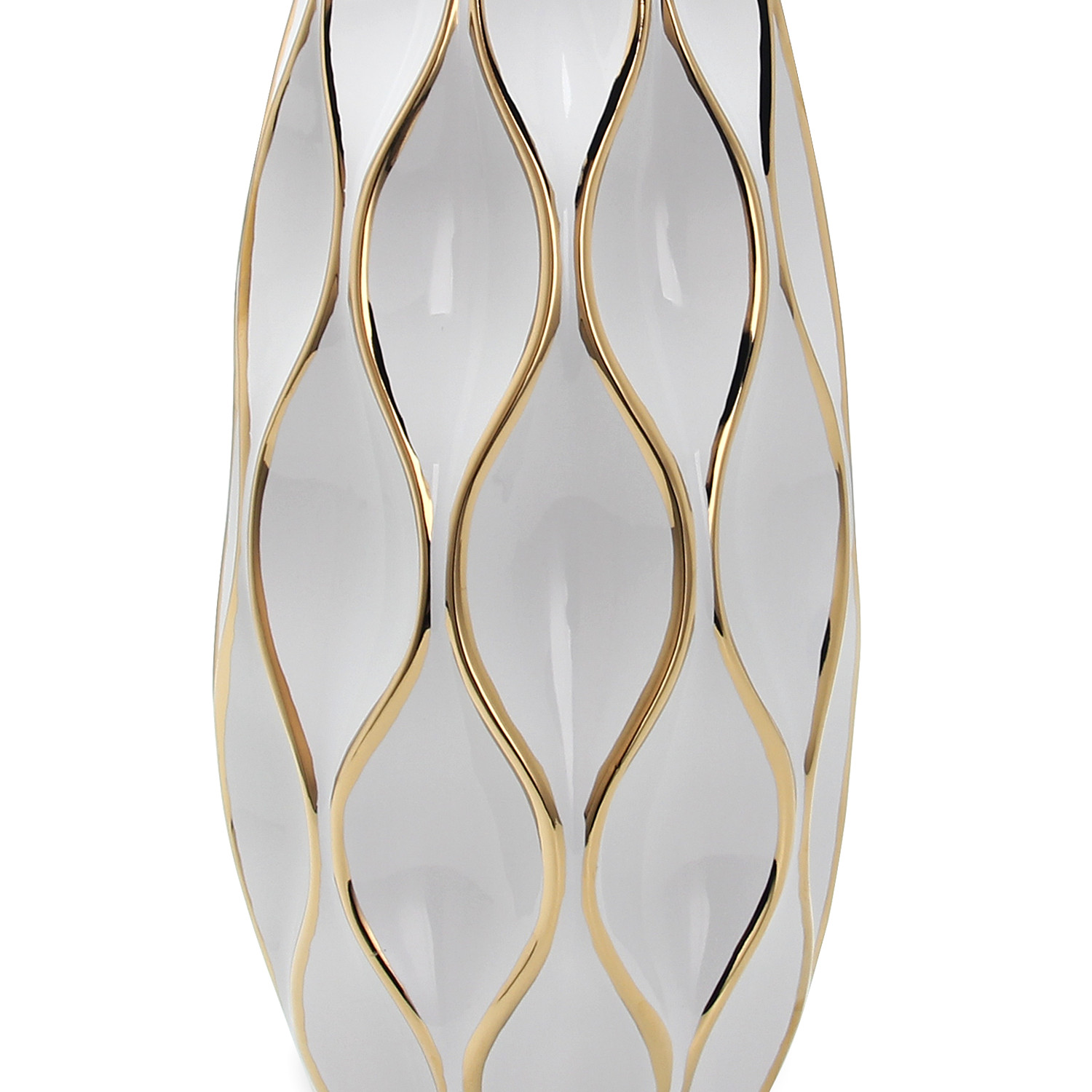 25-inch White and Gold Geometric Wavy Ceramic Vase