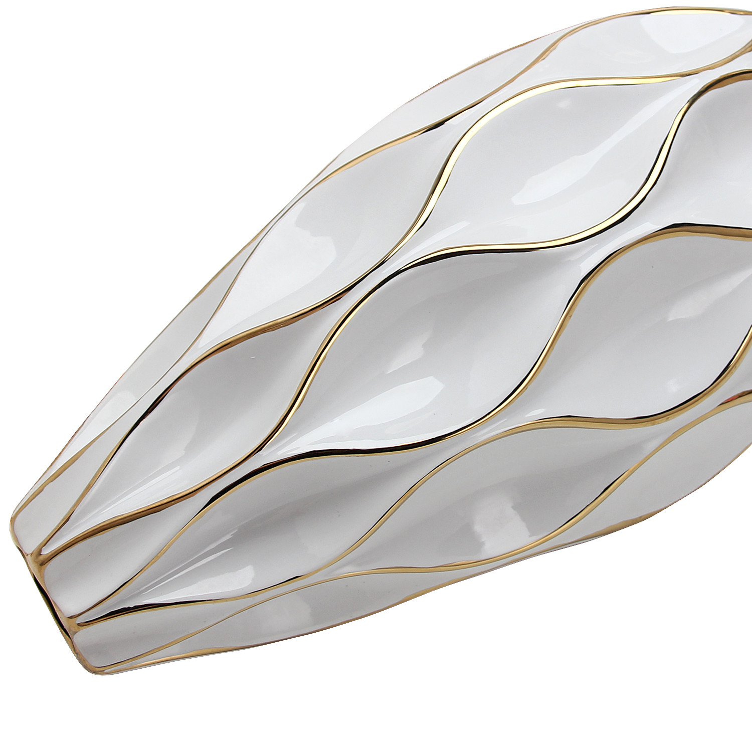 25-inch White and Gold Geometric Wavy Ceramic Vase