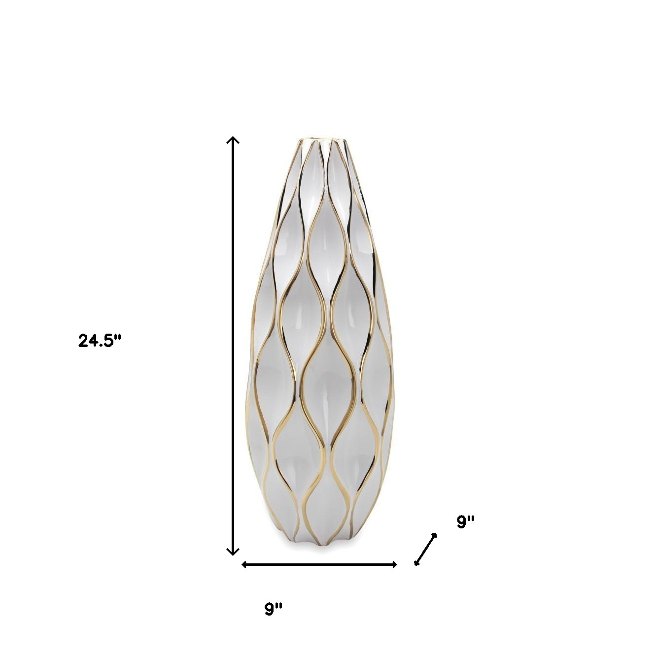 25-inch White and Gold Geometric Wavy Ceramic Vase