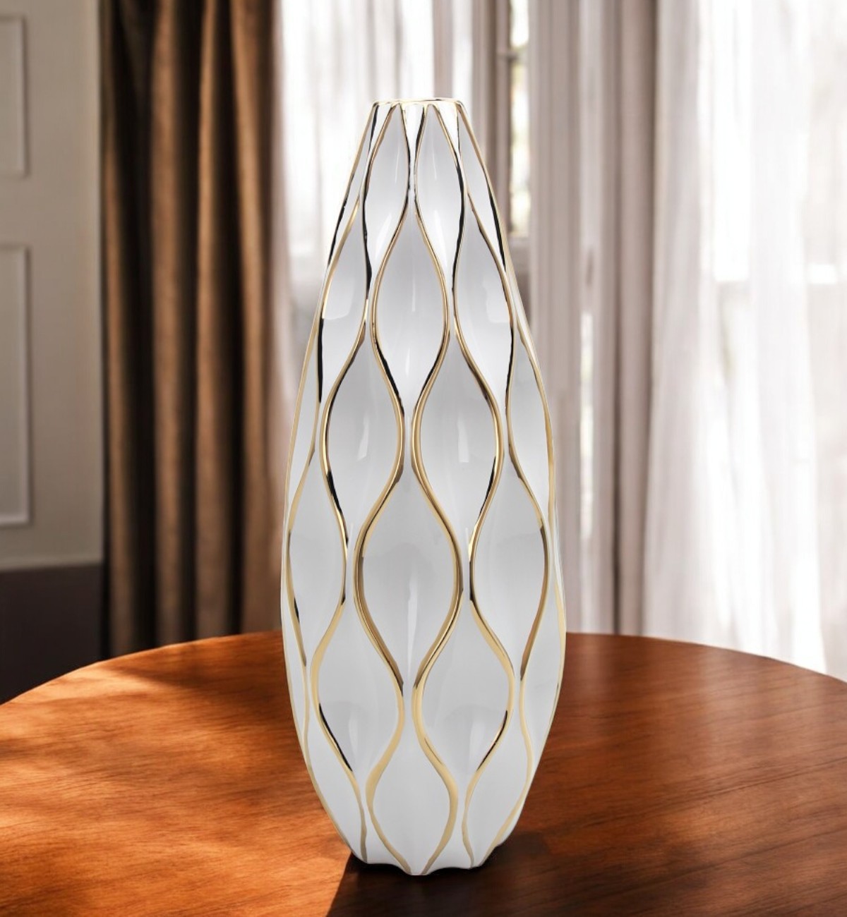 25-inch White and Gold Geometric Wavy Ceramic Vase
