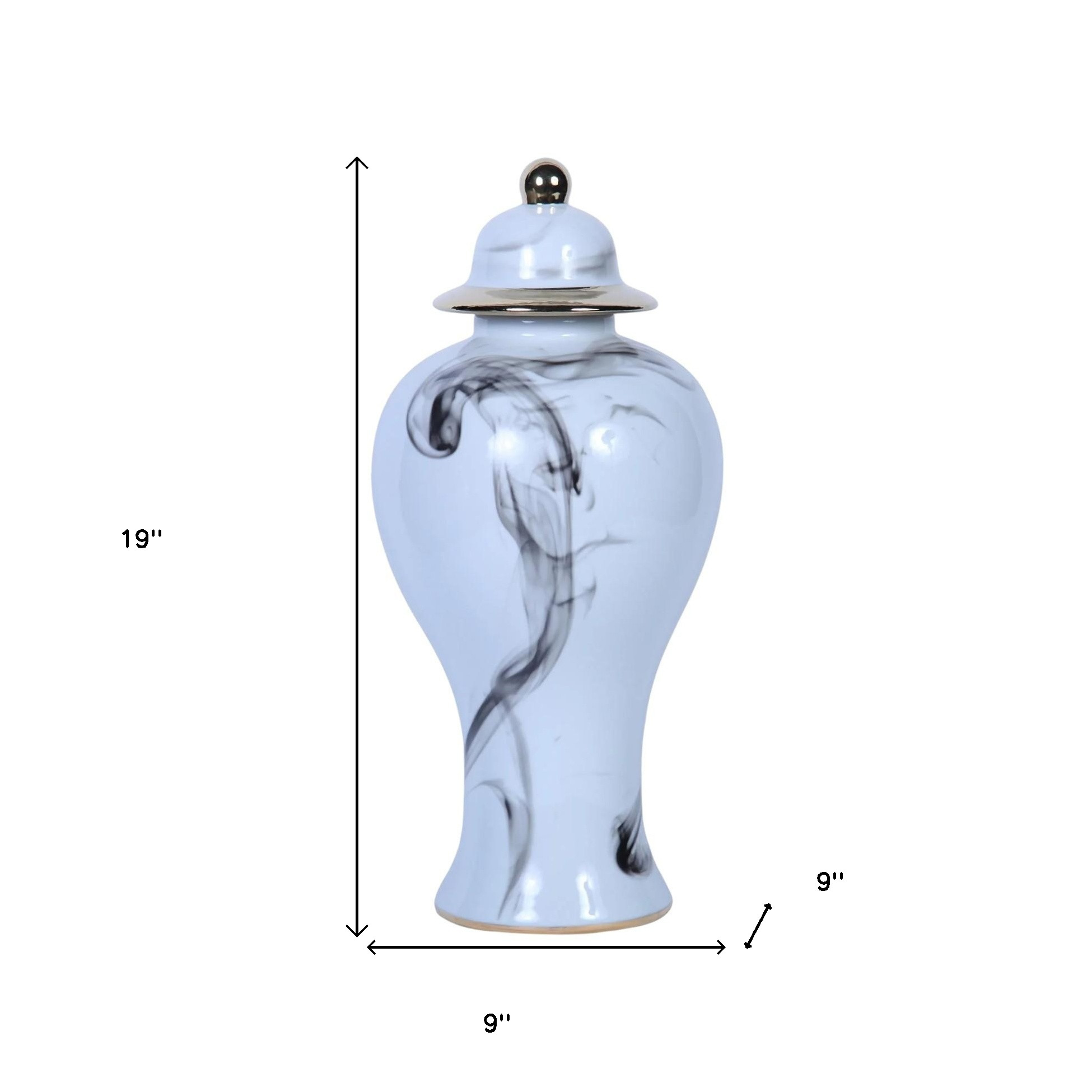 19-inch White and Gray Abstract Ceramic Amphora Ginger Jar