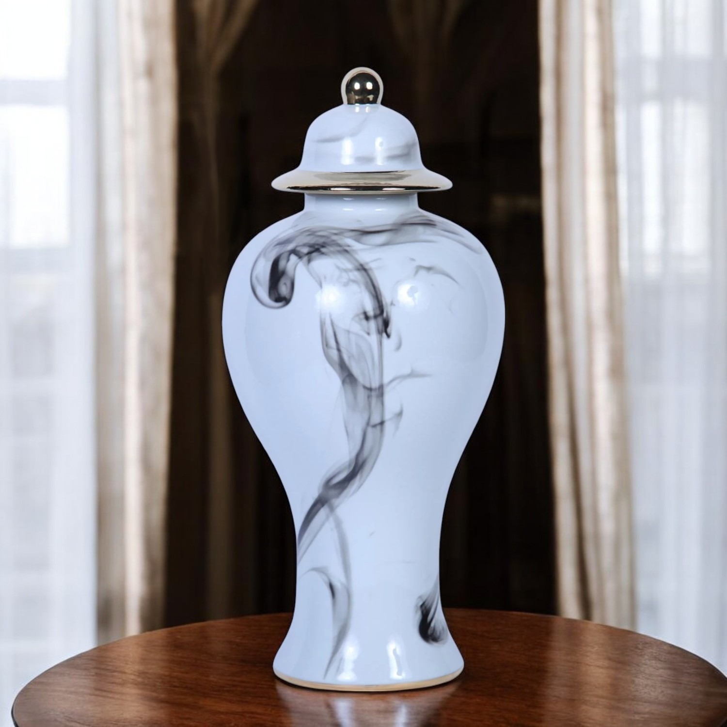 19-inch White and Gray Abstract Ceramic Amphora Ginger Jar