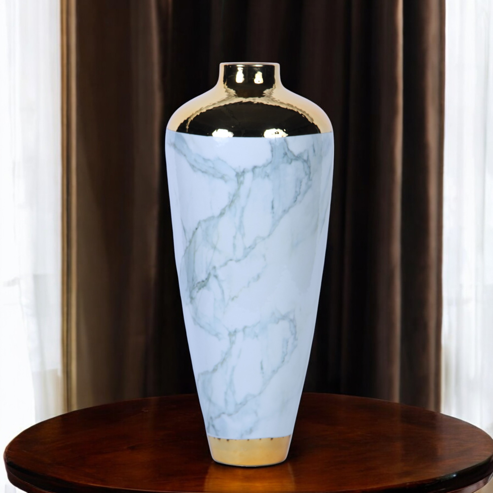 20-inch White, Green, and Gold Abstract Trumpet Ceramic Vase