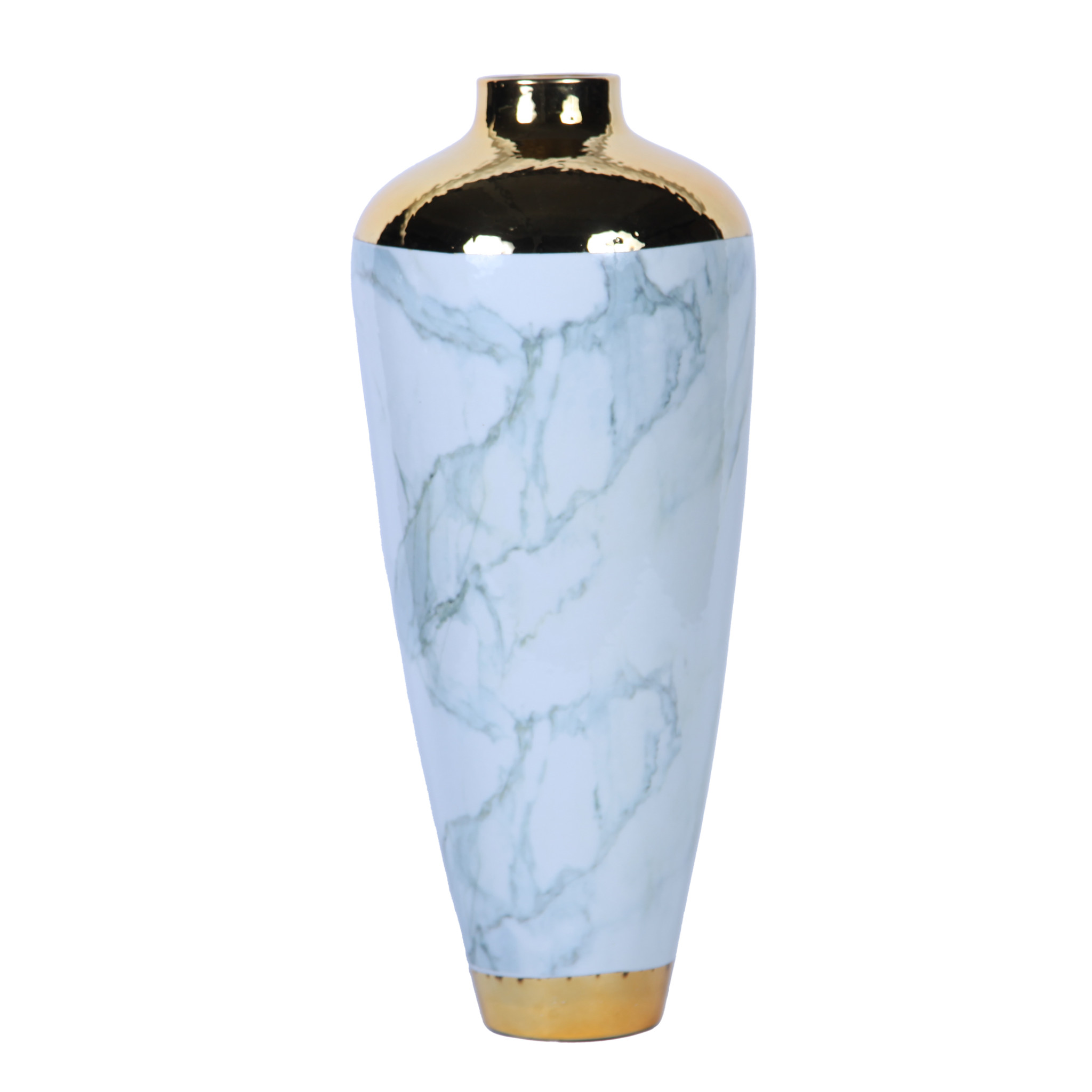 20-inch White, Green, and Gold Abstract Trumpet Ceramic Vase