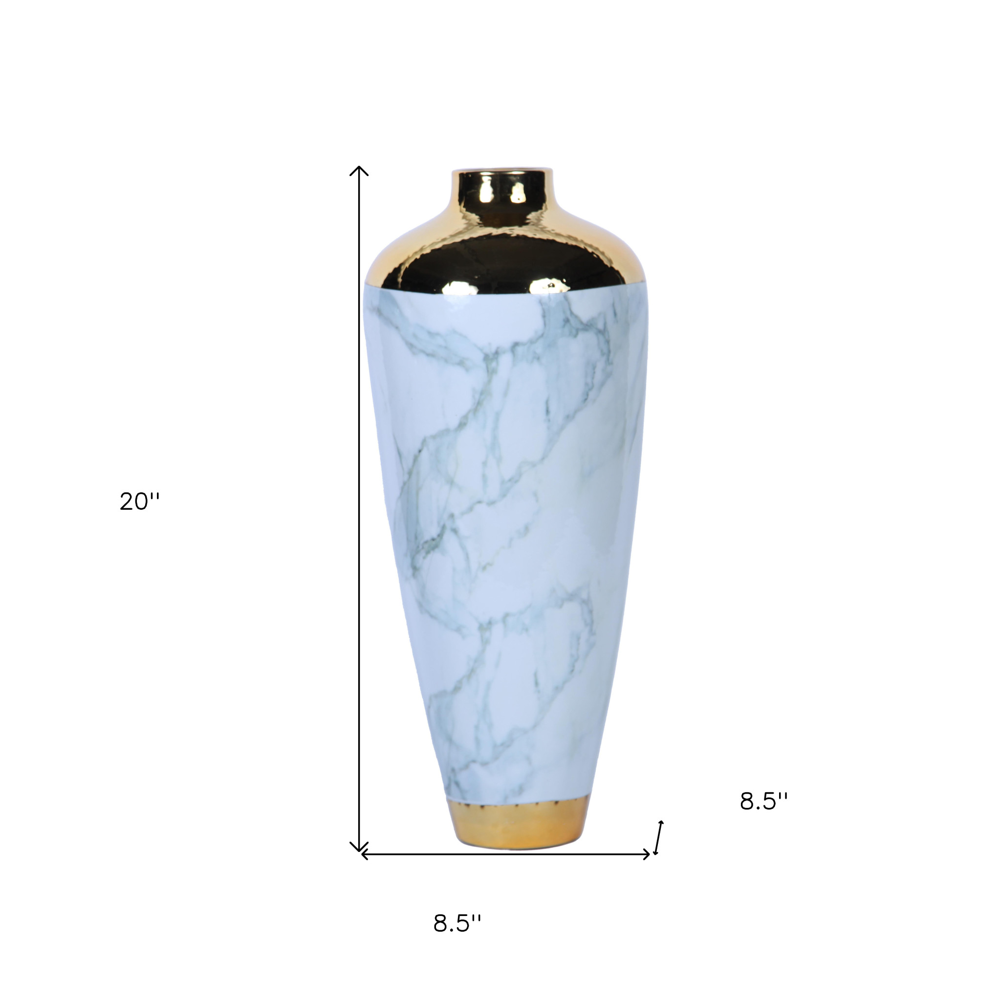 20-inch White, Green, and Gold Abstract Trumpet Ceramic Vase