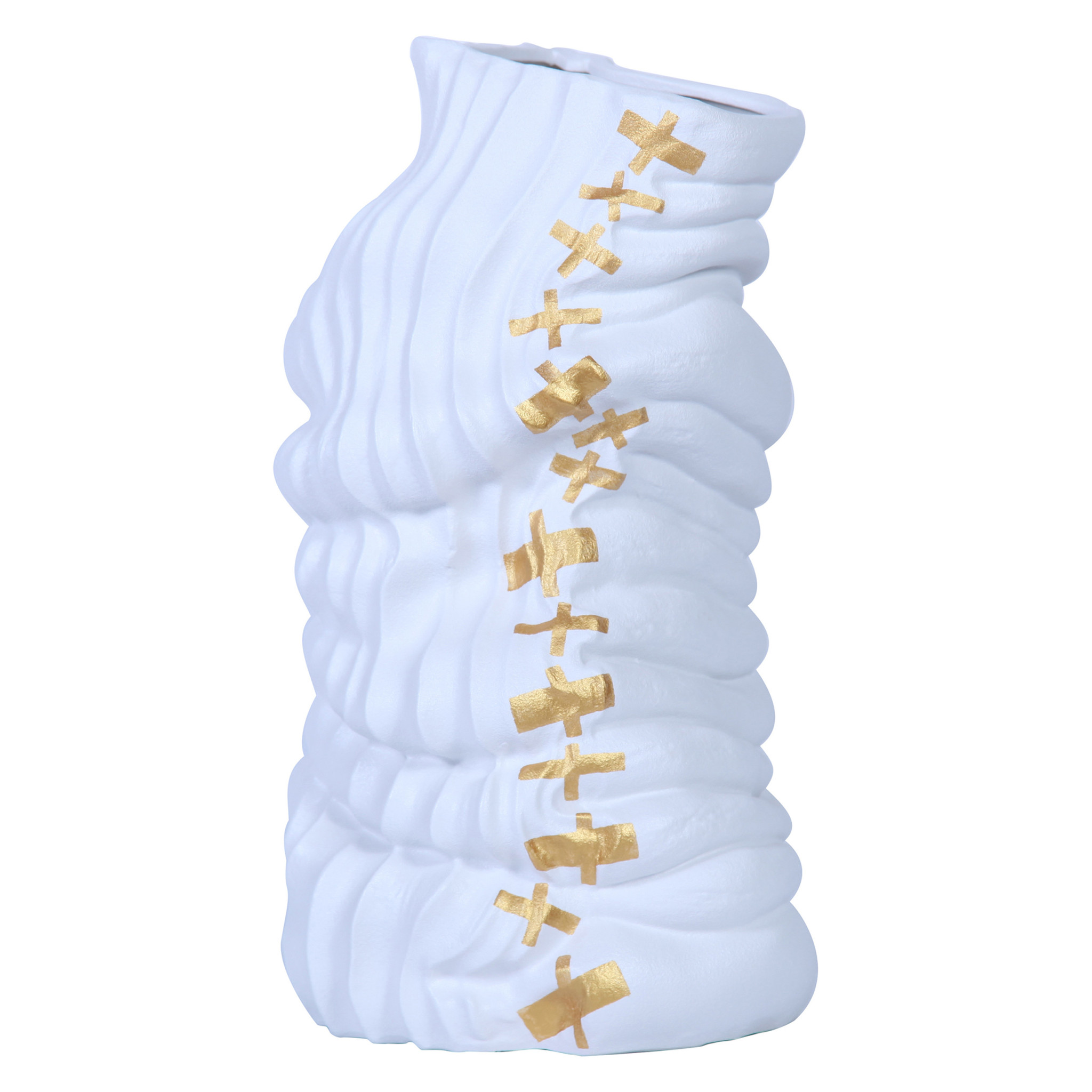 20-inch White and Gold Abstract Ceramic Vase with Sculptural Detailing